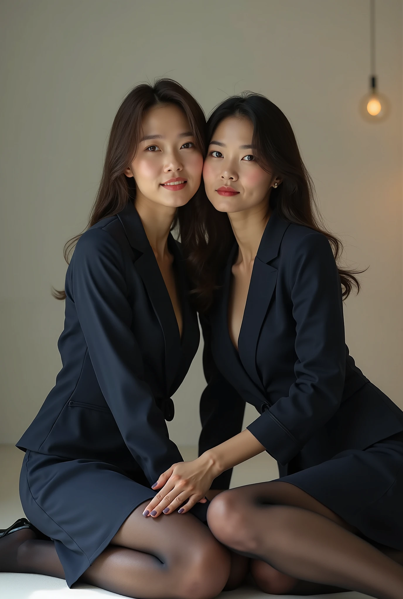 ((best qualtiy,realisticlying,8K HD,tmasterpiece:1.3)),focal:1.5,perfect bodies:1.3,(Short ponytail straight hair,Vertically smooth hair,A detailed:1.3)),((wetclothes:1.1),White high-end brand fashion suit suit:1.3,(detailed outfits:1.3),(delicate stiletto heels crystal band sandals,high high quality:1.2)), Highly Detailed Face and Skin Textur, Fine Eye,二重まぶた,realistic pupil,skin lightening,Beautiful face,Swollen eyes,Healing is a smile,(female focus,Waist focus,close focus,hdr shot,20yr old,Raised breasts,no-bra,the areola is visible,With a petite figure,Slim:1.3,slenderlegs:1.3,beautiful night scene,Luxury office,floor to ceiling window,Long table,Double bed,Cocked buttocks:0.6,Playful and coquettish beautiful pose(full bodyesbian:1.8))