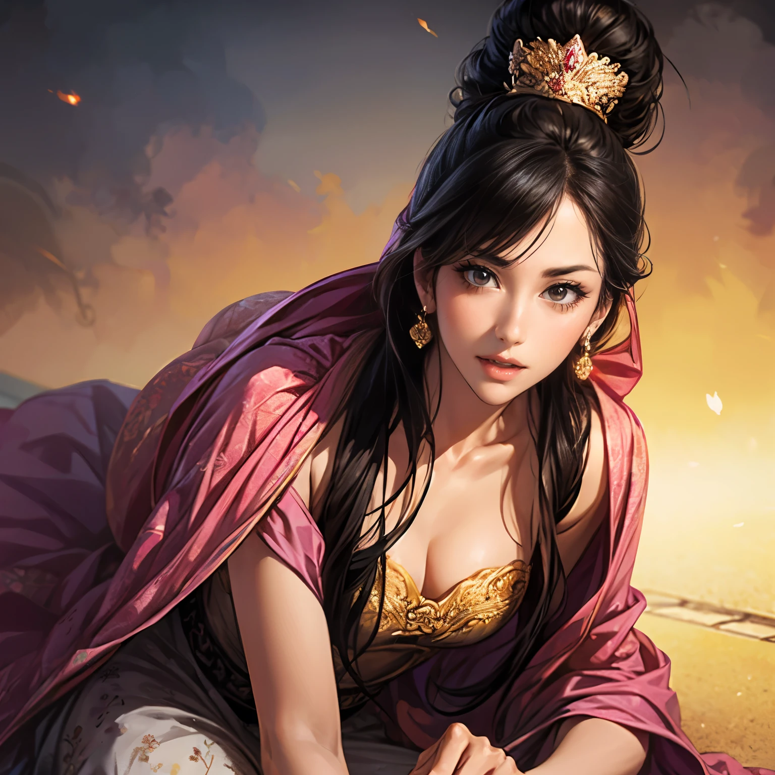 ((Create an image from the top of the head to the thigh)), Three Kingdoms illustration , Female solo, Beautiful Woman, beautiful face , perfect hand , ( black hair ), sexy expression , excited expression, Various facial expressions, various poses, standing pose, sitting pose, Brilliant background , blurry background