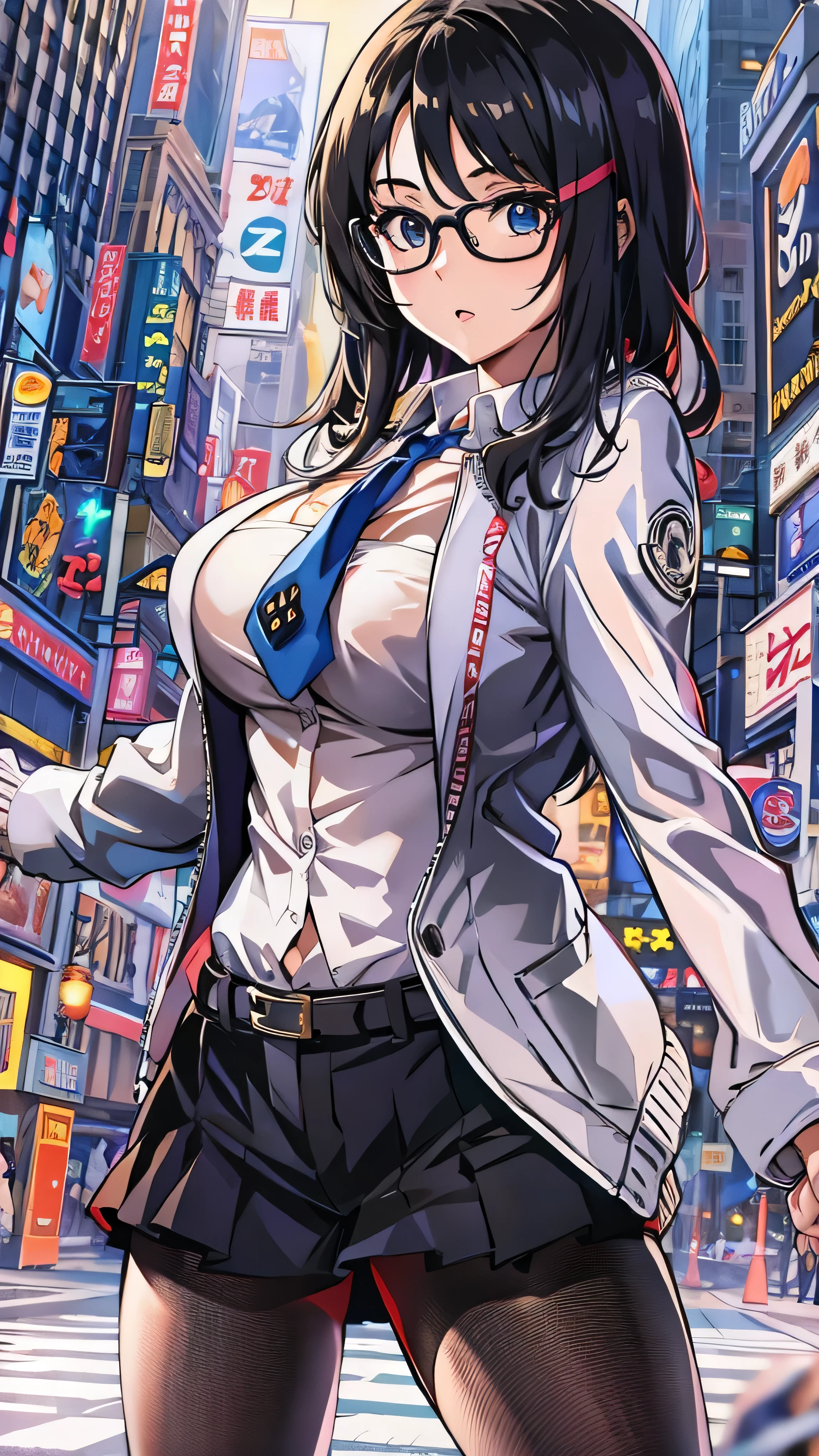 anime cell painting style , best quality, high resolution, 1 girl in the best, Minaka Takhizul, ( black hair:1.1), (紫色の目:0.7), ( Black Eyewear:1.3), (Big Breasts:1.2), Chest, black jacket, black suit