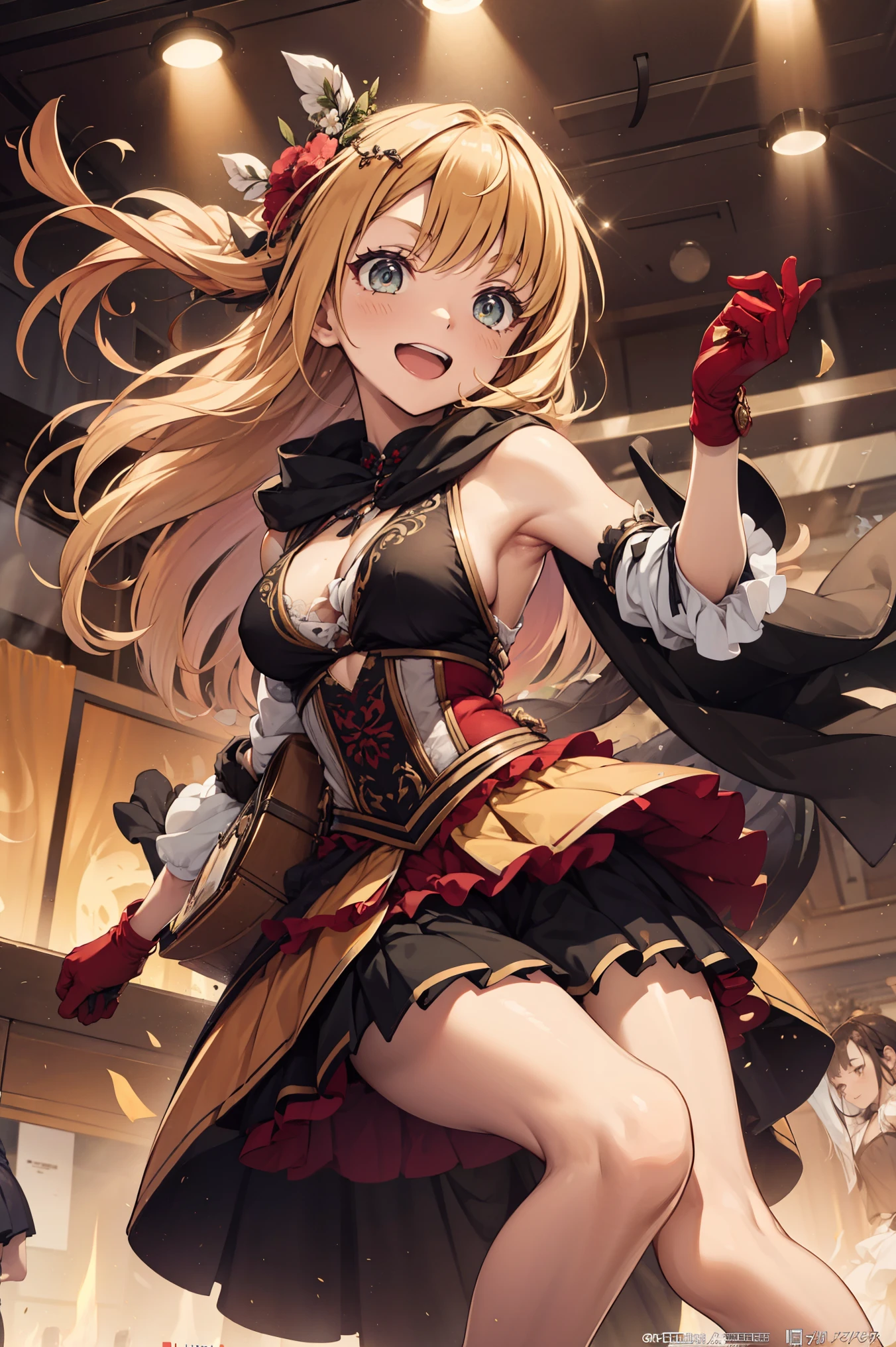 masterpiece,best quality, ultra-detailed,1girl(sakurai momoka, lovely small breasts,  glow skin, wavy hair, long hair, blonde hair, tiara,green eyes, ),a face in love, smile, open mouth, glow lips, head tilt, solo, red lace dress, ornate dress, frill, cleavage, bare shoulders,  long gloves(red), bows, garterbelt, white thighhighs, in the stage, dancing, sexy dance, Sexy waist teasing, mike grab, sing , singing 