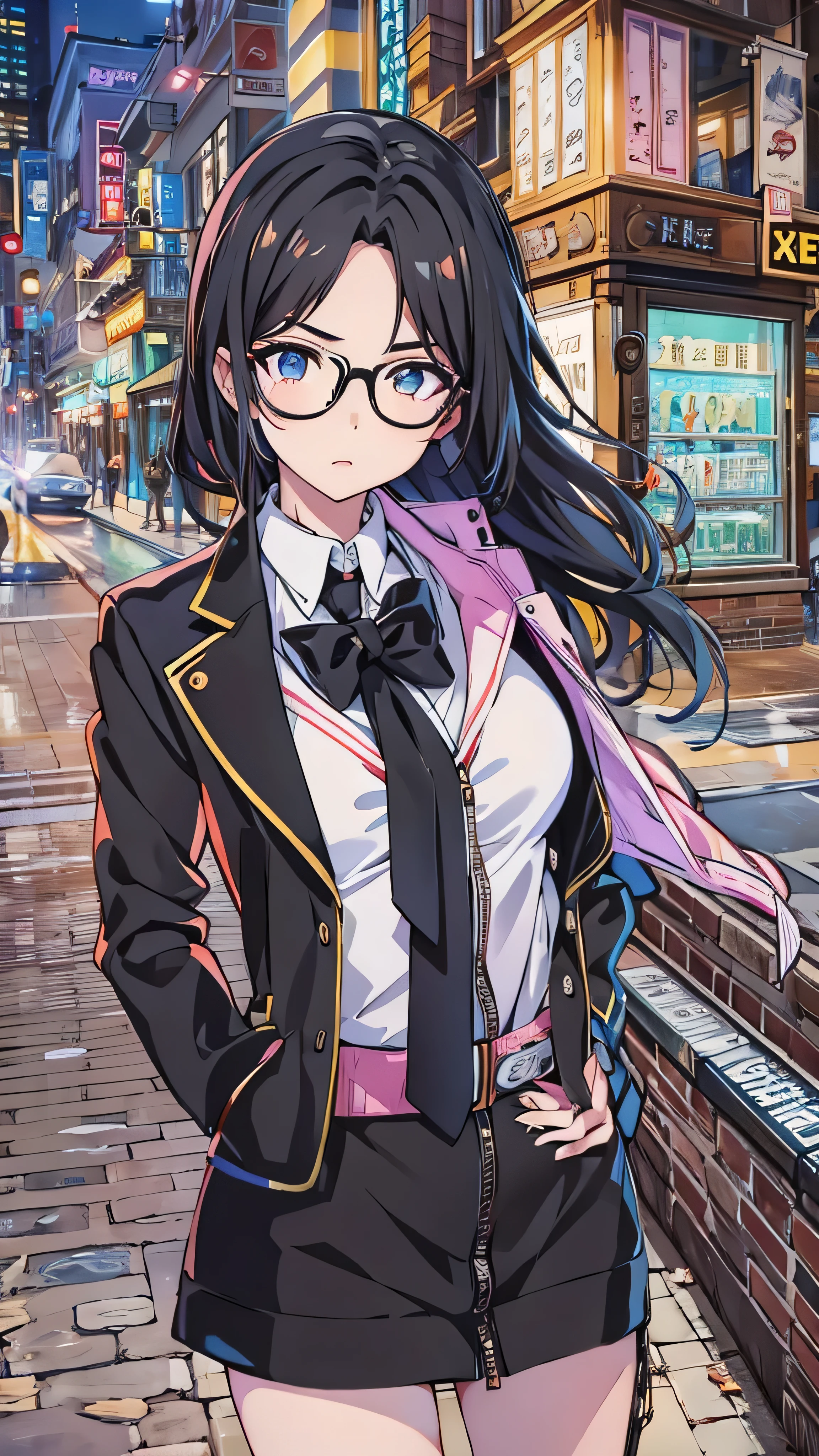 anime cell painting style , best quality, high resolution, 1 girl in the best, Minaka Takhizul, ( black hair:1.1), (紫色の目:0.7), ( Black Eyewear:1.3), (Big Breasts:1.2), Chest, black jacket, black suit