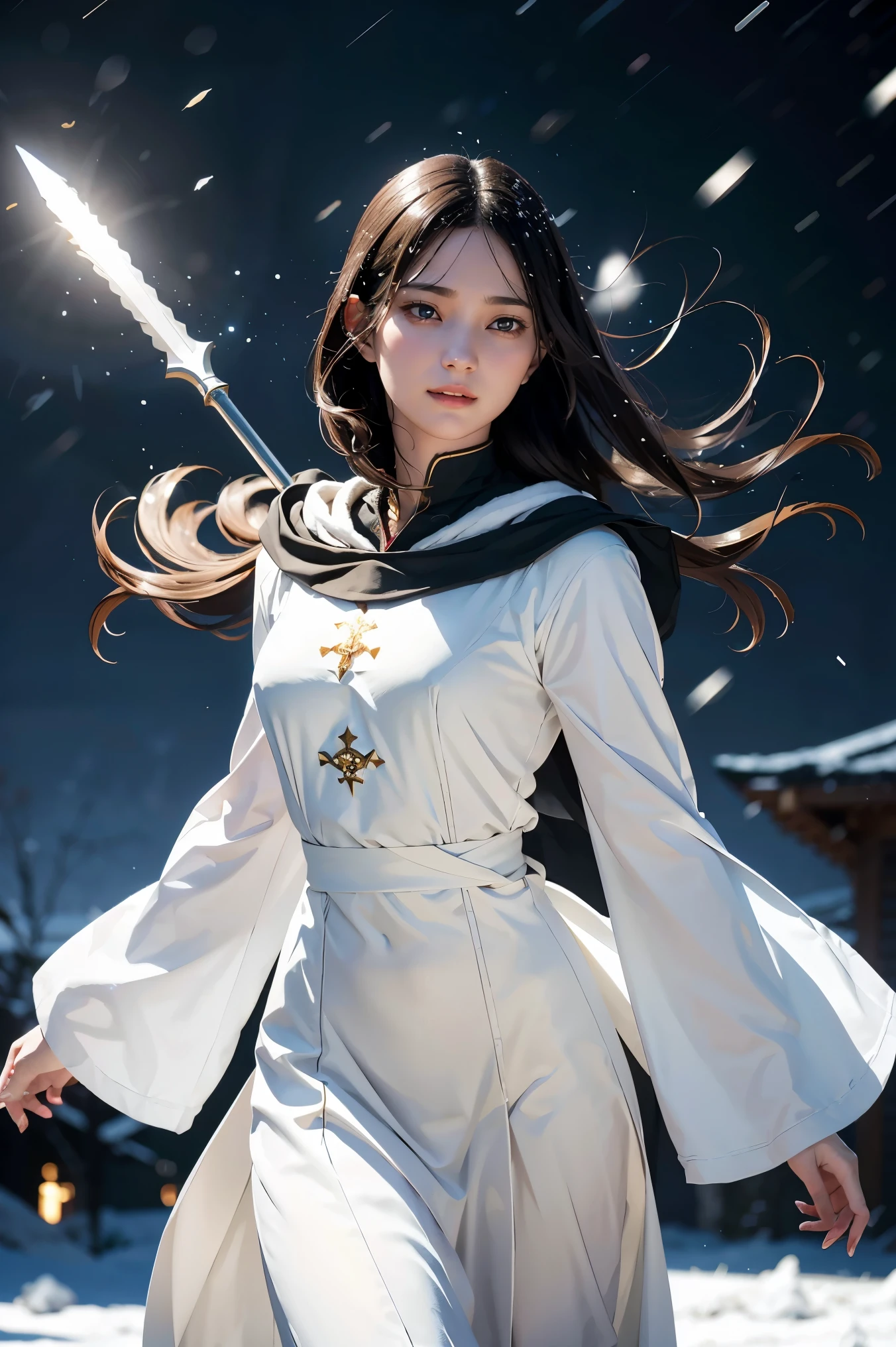 Young woman, Black hair, Wearing black medieval European clothing, Walking in the falling snow, A white spear is in her left hand., There is a large white magic circle., Manga drawing style, realistic 2.5D
