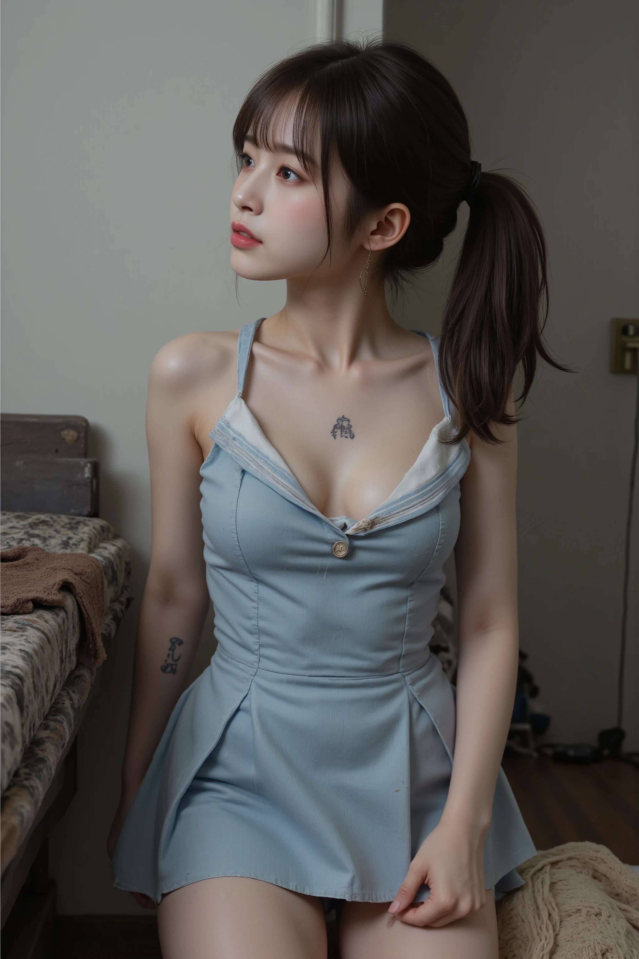 NSFW, penis_shadow,
Photorealistic,
Highly detailed,
full body,
a beautiful Korean girl,
She is very young, she is in her early s,
Her hair is slightly chestnut black,
her hairstyle is a long ponytail with bangs,
her hair is messy and frayed,
Her skin is as white as snow,
her thighs are very thick and curvy,
She has very large breasts and they are a little saggy,
She has several tattoos,
one of tattoo is a poop tattoo,
She was a Korean idol singer,
She is a prostitute now,
She is wearing a sleeveless light blue mini skirt dress,
which has a sailor collar,
The skirt of the dress has two deep slits that reveal both thighs,
the dress is very dirty,
the dress is torn in places,
(She is not wearing any underwear:1.5),
(She is not wearing any panties or pants),
Her whole body was dirty and dusty,
Her face and body are covered with numerous small scars, Bruise marks, Freckles, boils, rashes,
needle wounds, knife wounds, whip marks, wounds from being tied up,
She is facing forward,
a huge penis_shadow,
she looks up at the penis in awe,
aroused, horny,
in the slum room,