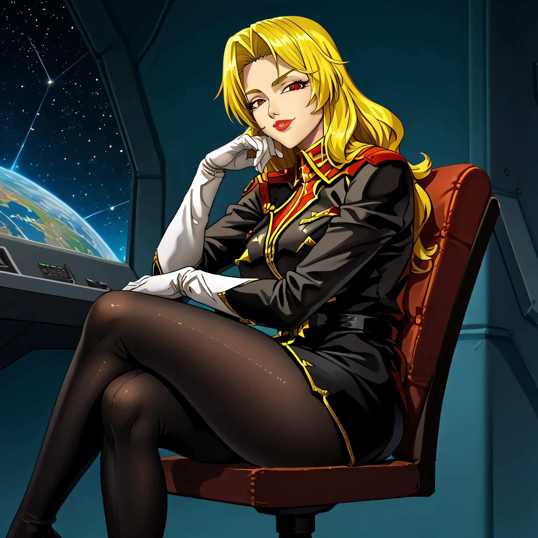 ultra-High resolution, score_9,score_8_up,score_7_up,score_6_up,score_5_up,score_4_up, BREAK, source_anime, anime screencap, uncensored, rating_explicit, Masterpiece, curvy, looking at viewer, (((solo, 1girl))), hair ornament, (((TitanOutfit))), full body, smile, happy, large breast, huge breast, seductive pose, submissive pose, Alicia Viewstroem, mature female, blonde hair, long hair, red eyes, lipstick, sitting, on chair, elbow rest, armchair, crossed legs, looking from side, view from side, cockpit background, cockpit, space background