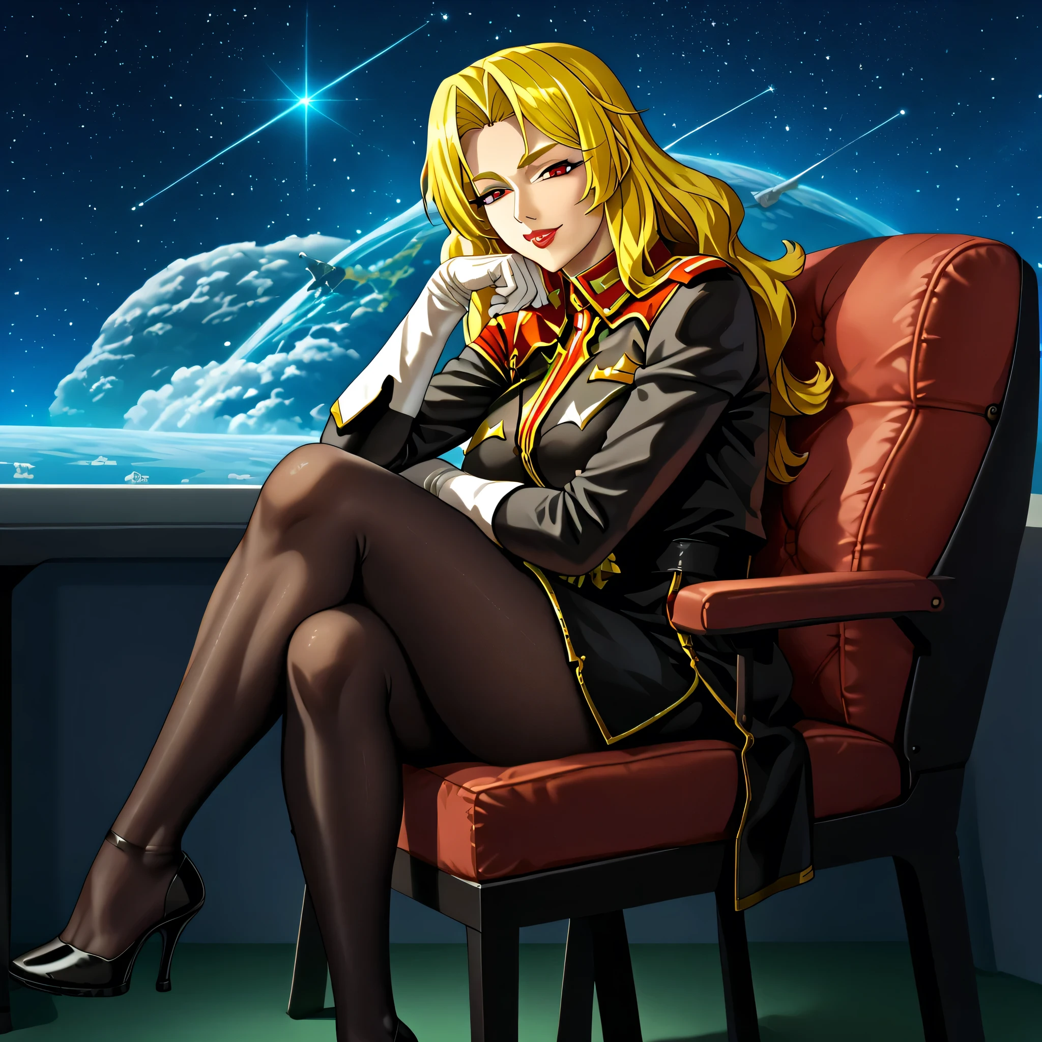 ultra-High resolution, score_9,score_8_up,score_7_up,score_6_up,score_5_up,score_4_up, BREAK, source_anime, anime screencap, uncensored, rating_explicit, Masterpiece, curvy, looking at viewer, (((solo, 1girl))), hair ornament, (((TitanOutfit))), full body, smile, happy, large breast, huge breast, seductive pose, submissive pose, Alicia Viewstroem, mature female, blonde hair, long hair, red eyes, lipstick, sitting, on chair, elbow rest, armchair, crossed legs, looking from side, view from side, cockpit background, cockpit, space background