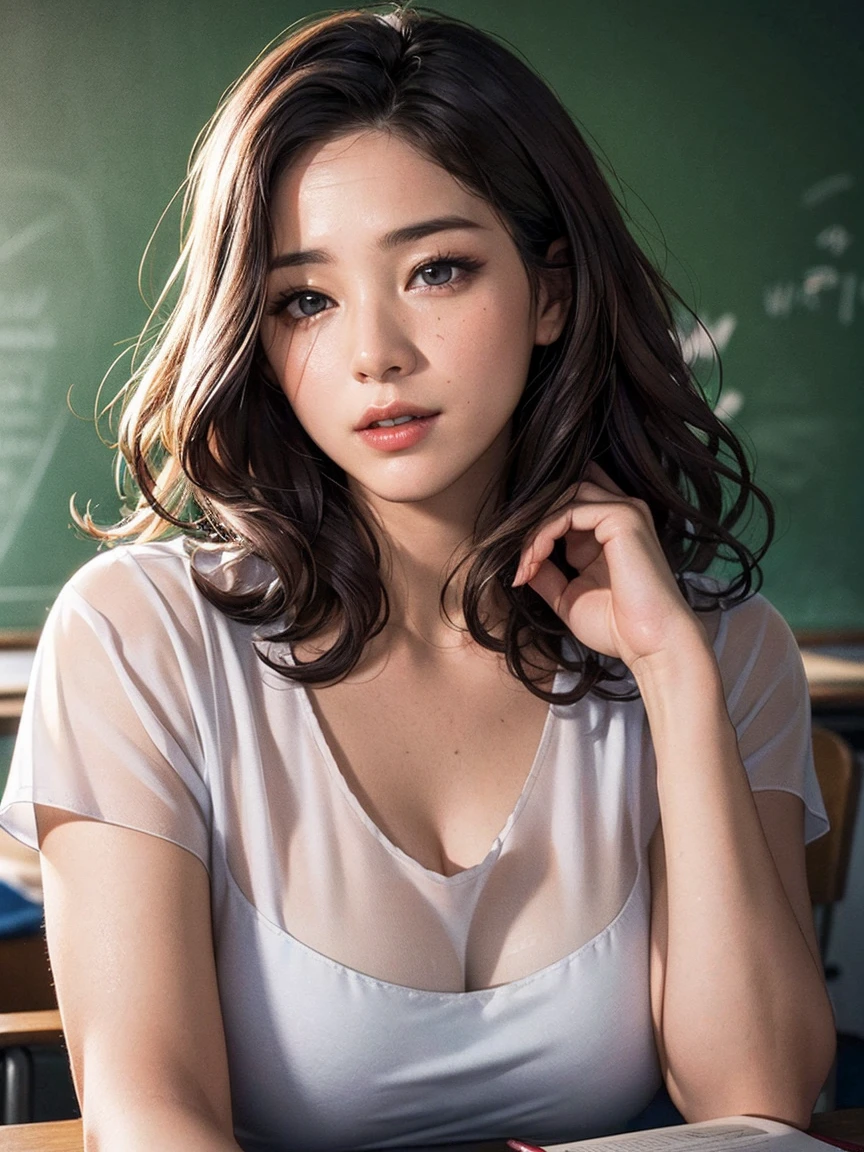 (Highly detailed CG Unity 8k wallpaper)、(masterpiece)、(Highest quality)、(Super detailed)、(Best illustrations)、(Best Shadow)、Ultra-high resolution、(Real、Photorealistic:1.2)、(student teacher:1.4)、messy short hair、(Large Breasts:1.4)、(Cleavage:1.4)、(Looking down at the subject from above:1.4)、(A neat shirt and a tight skirt:1.4)、((Stand in front of the blackboard:1.4))、(School classroom:1.4)、(Cute Necklace:1.2)、Puffy eyes、Close-up、Cloudy soft light、(Upper Body:1.4)