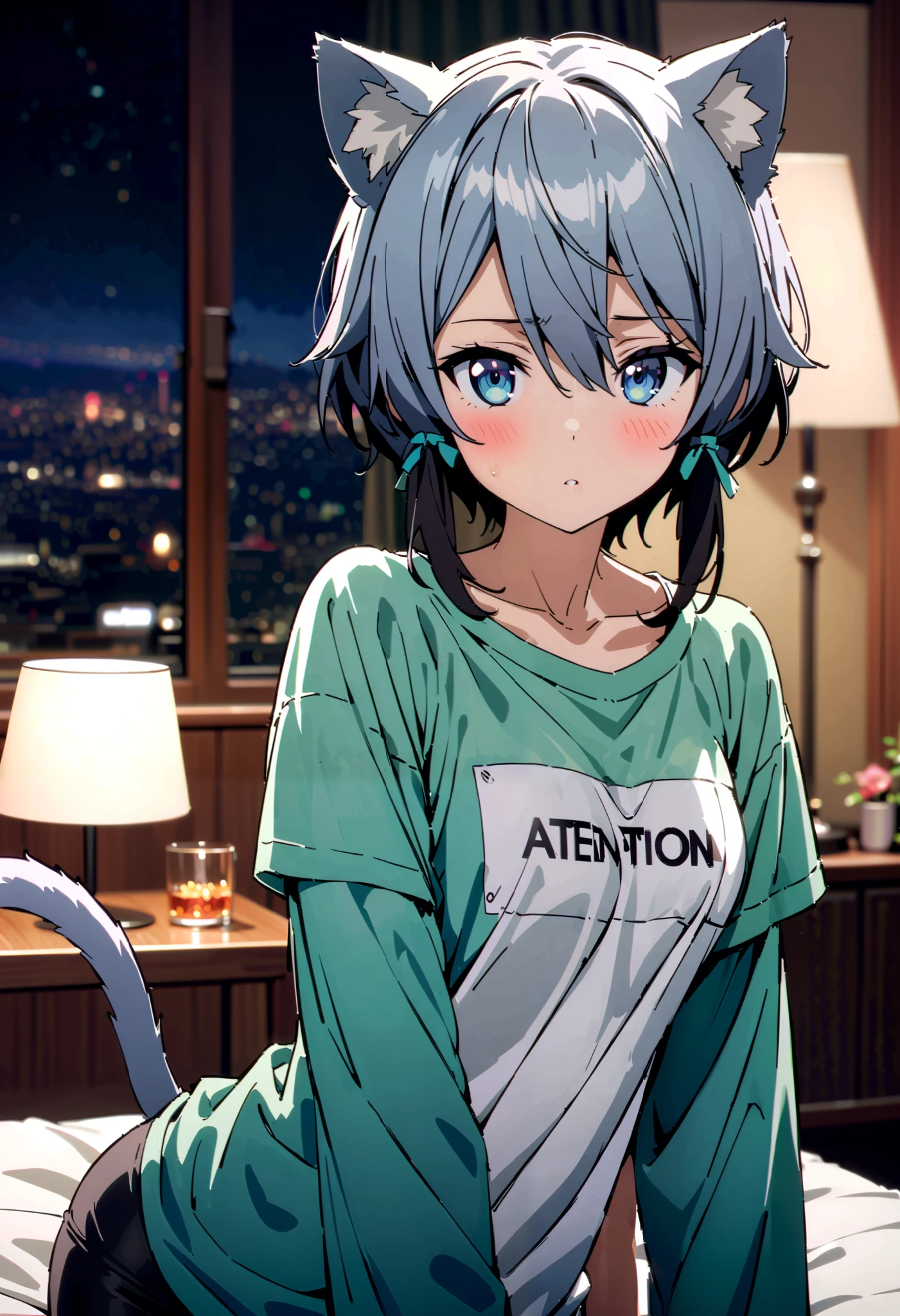 shino asada, 's hair, short hair , Side Lock,Medium breast, light blue eyes, light blue hair with a slender body,Cat ears,Cat tail, glass, Hair Ribbon ,oversized t-shirt, Long Sleeve,Black string underwear ,blush, beautiful night view with depth, embarrassing, bed during lesbian play,whole bodyがイラストに入るように,
break looking at viewer,whole body,
break indoors,bedroom,
break (masterpiece:1.2), best quality, high resolution, unity 8k 壁紙 , (shape:0.8), ( Attention to Beautiful Details:1.6), very detailed face, perfect lighting, Highly detailed CG, ( perfect hand, perfect anatomy),,