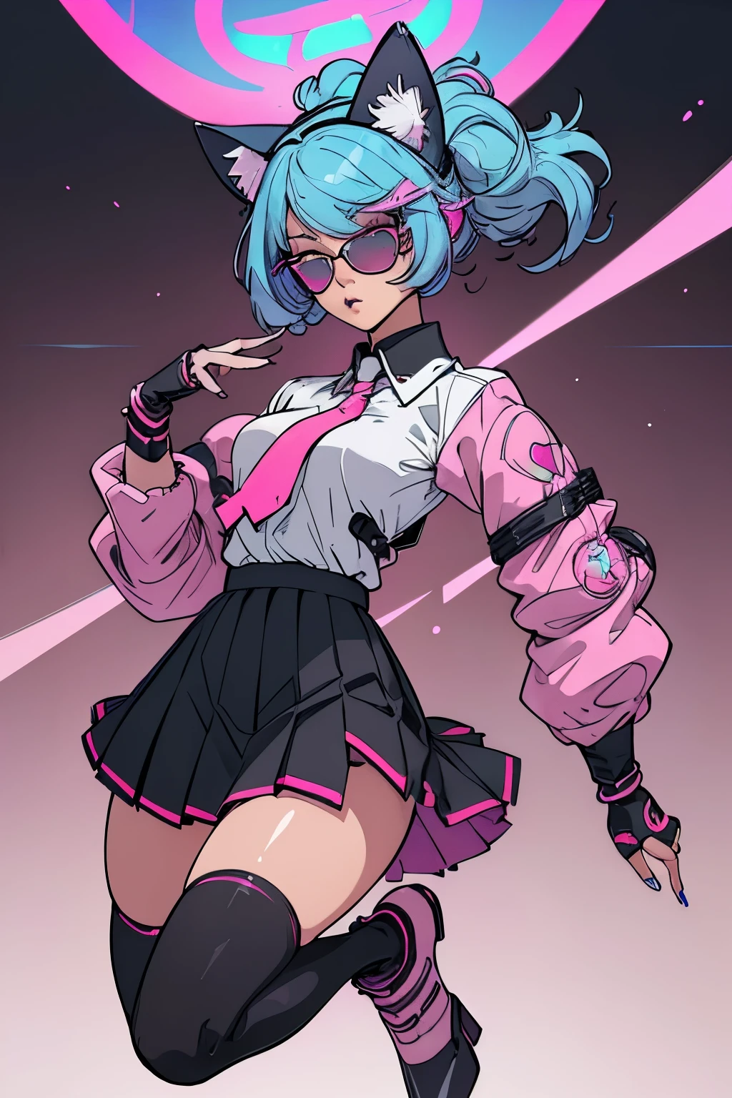 Design:
Clothing: She wears a girl uniform with a futuristic and striking touch .
short white shirt , with a misaligned tie that blinks with LED lights .
Short pleated skirt in shades of black and pink , with neon lines that shine depending on their energy level .
Long socks with digital patterns and shoes with heels that also work as hidden weapons .
It wears a holographic patch on one eye that shows emojis or messages depending on your mood.
hair: Synthetic wig in gradient shades of pink and blue , with tufts that seem to float due to magnetic fields .
accessories:
A microphone integrated in her right hand that can emit lethal sound waves .
Robotic cat ears that work like antennas for capture signals and hack .