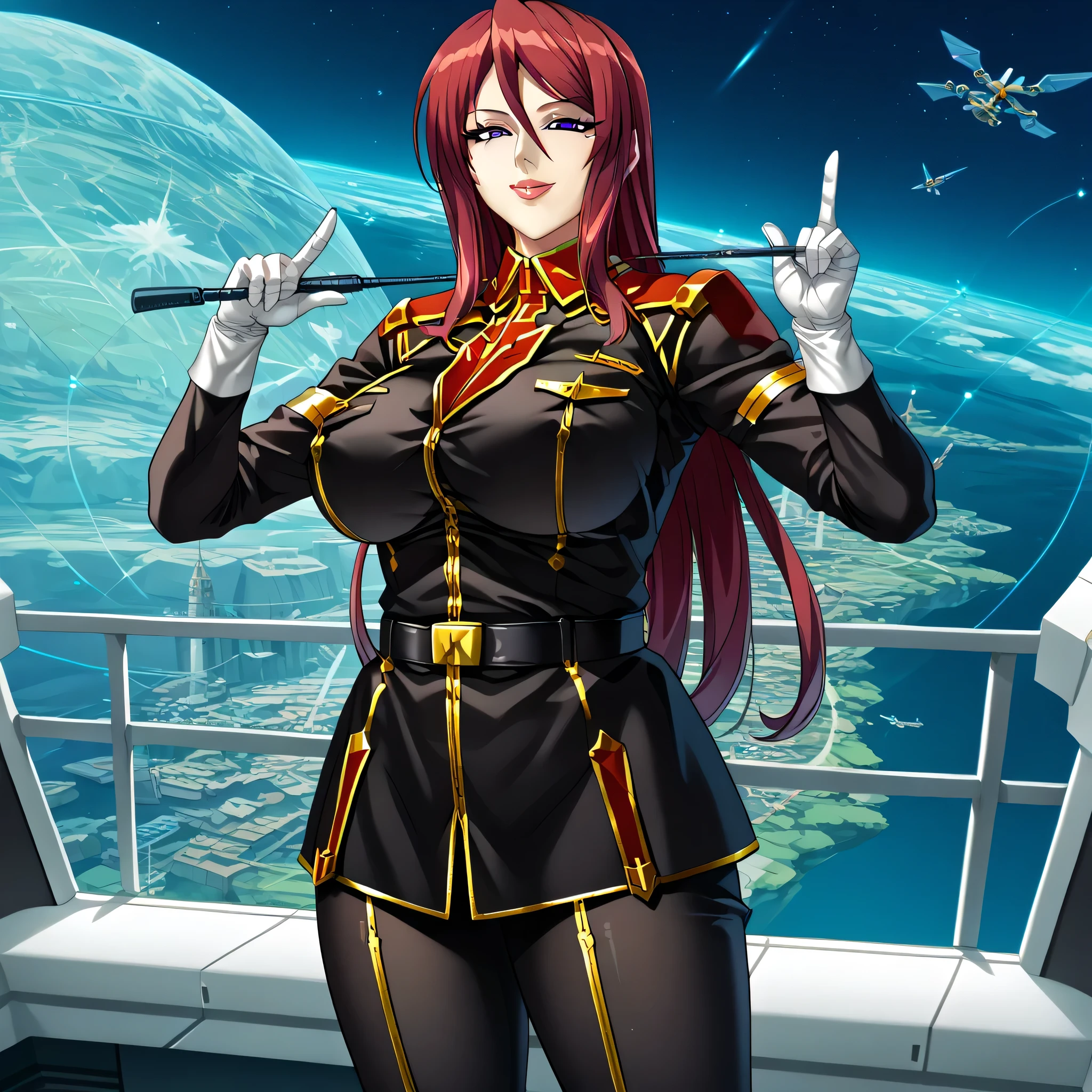 ultra-High resolution, score_9,score_8_up,score_7_up,score_6_up,score_5_up,score_4_up, BREAK, source_anime, anime screencap, uncensored, rating_explicit, Masterpiece, curvy, looking at viewer, (((solo, 1girl))), hair ornament, (((TitanOutfit))), full body, smile, happy, large breast, huge breast, seductive pose, submissive pose, Beatrice Kushan, mature female, long hair, purple eyes, lipstick, lips, mole under eye, holding riding crop, spaceship, pointing at viewer,