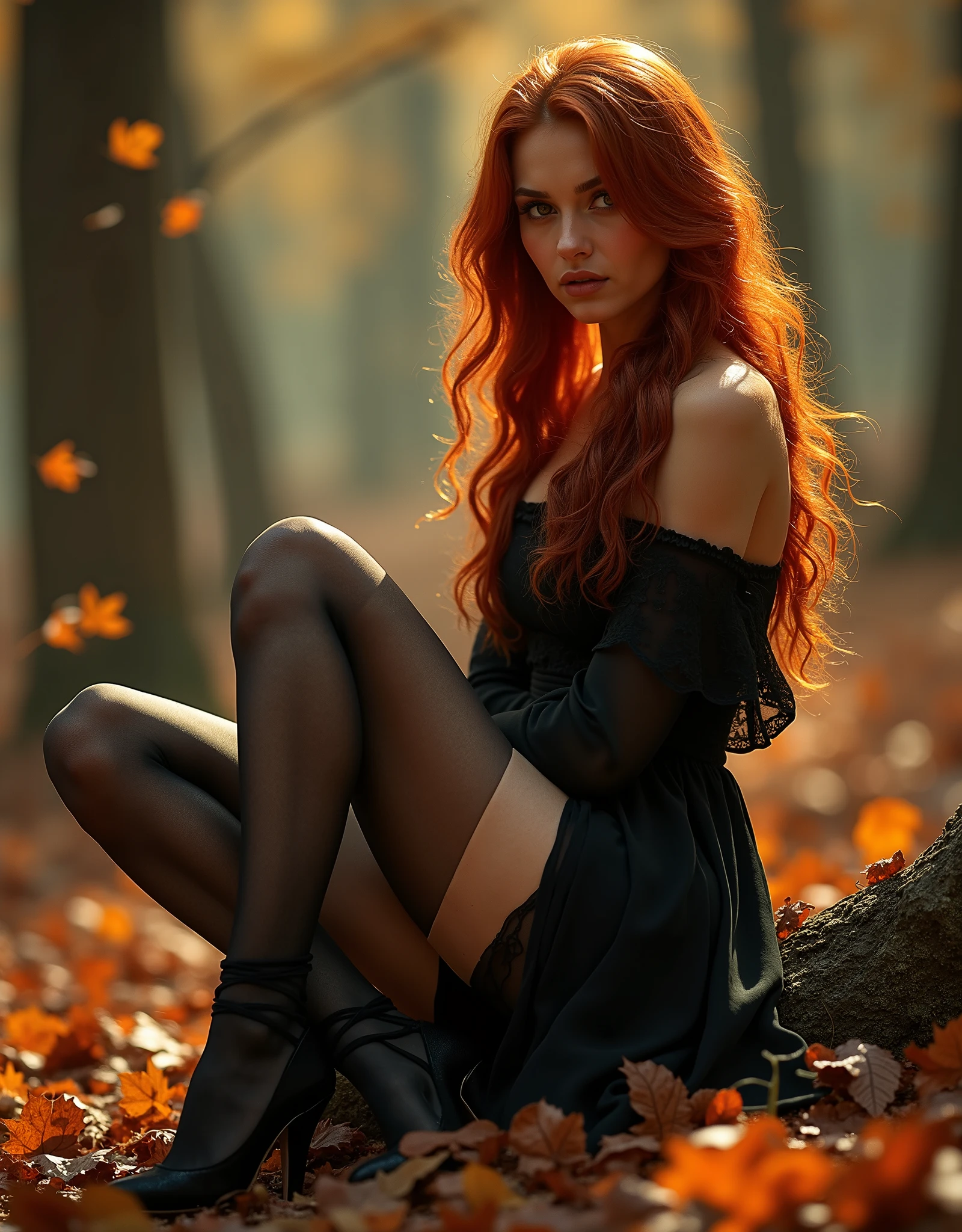 A woman wears black stockings, the stockings are hold-ups, the woman wears high heels; La donna ha i capelli rossi, lunghi e ondulati; The woman sitting in a forest, the woman is followed among many fallen leaves, nel bosco è autunno