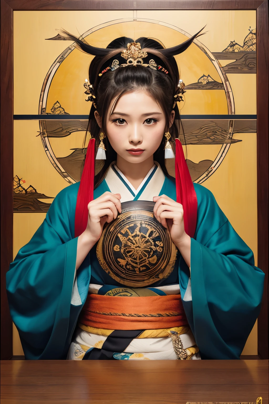 Create a digital artwork inspired by traditional Ukiyo-e, the famous Japanese woodblock print style. The scene should capture a moment of everyday life in Edo-period Japan, incorporating elements such as natural landscapes, beautiful courtesans, kabuki actors, or samurai warriors. Use a color palette reminiscent of the vibrant but delicate hues found in Ukiyo-e prints, and pay attention to fine details and textures to evoke the intricate craftsmanship of the original art form.