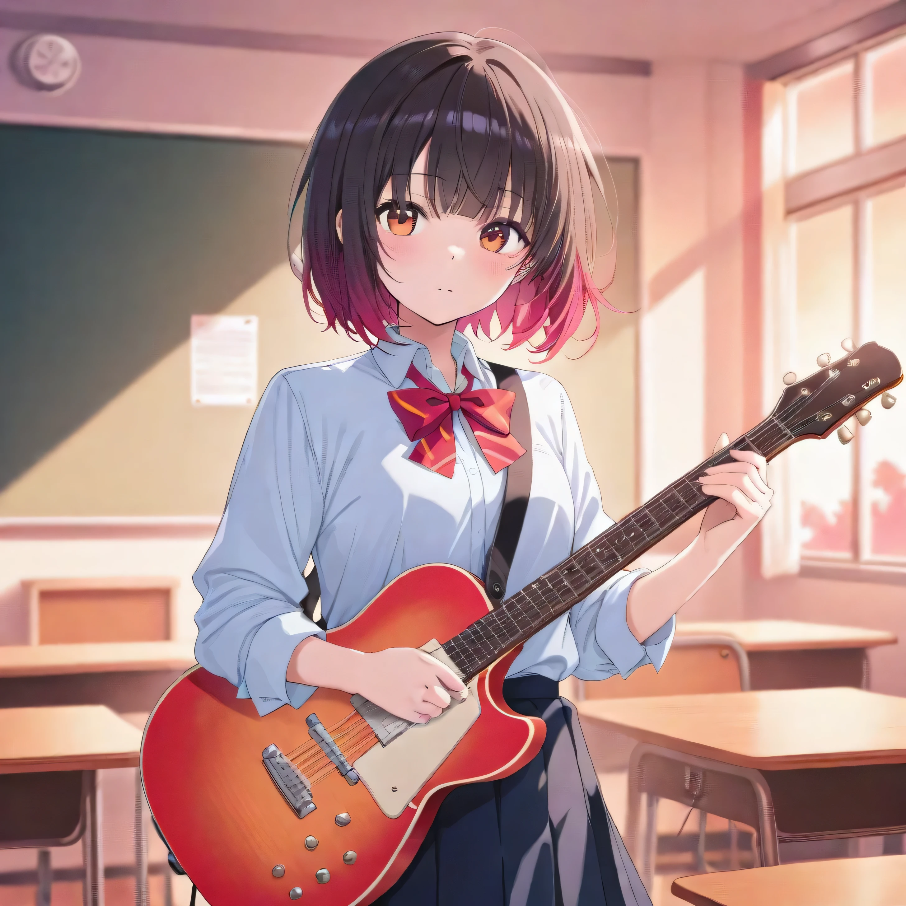 after school、A high school girl band playing guitar in front of students in a classroom where the red sunset shines 、High school girl band playing guitar in front of students