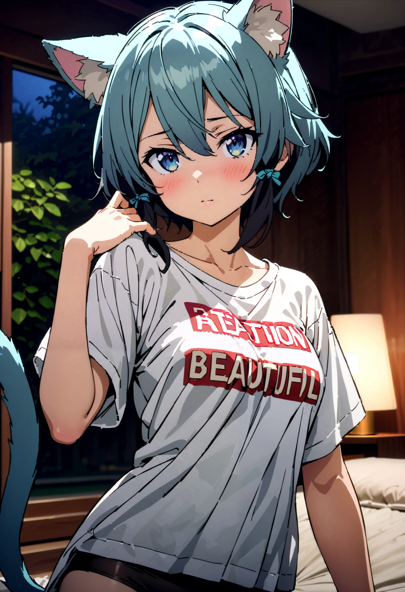 shino asada, 's hair, short hair , light blue side lock,Medium breast, light blue eyes, light blue hair with a slender body,Cat ears,Cat tail, glass, Hair Ribbon ,oversized t-shirt, Long Sleeve,Black string underwear ,blush, beautiful night view with depth,forest, embarrassing, bed during lesbian play,whole bodyがイラストに入るように,
break looking at viewer,whole body,
break indoors,bedroom,
break (masterpiece:1.2), best quality, high resolution, unity 8k 壁紙 , (shape:0.8), ( Attention to Beautiful Details:1.6), very detailed face, perfect lighting, Highly detailed CG, ( perfect hand, perfect anatomy),,