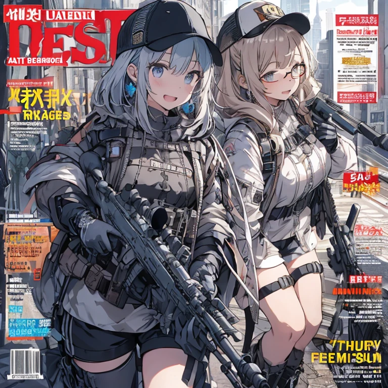 (masterpiece:1.2, best quality), (highly detailed:1.3), (magazine cover), 1girl, 15yo, petite, (white panties), (white bra), (holding a gun), serious, white background,