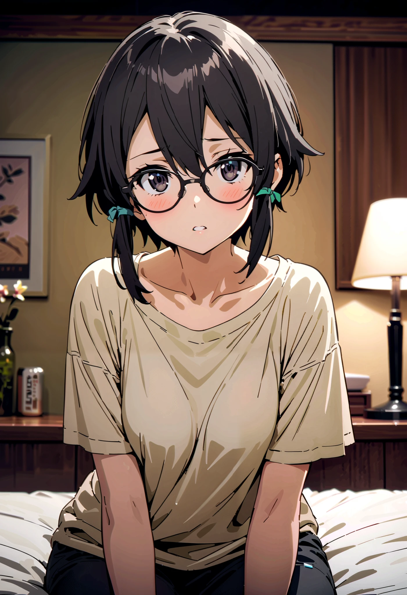 shino asada, 's hair, short hair , Side Lock,Medium breast, black eyes, black hair ,Glasses, Hair Ribbon ,oversized t-shirt, Long Sleeve,Black string underwear ,blush, beautiful night view with depth,forest, embarrassing, bed during lesbian play,whole bodyがイラストに入るように,
break looking at viewer,whole body,
break indoors,bedroom,
break (masterpiece:1.2), best quality, high resolution, unity 8k 壁紙 , (shape:0.8), ( Attention to Beautiful Details:1.6), very detailed face, perfect lighting, Highly detailed CG, ( perfect hand, perfect anatomy),,