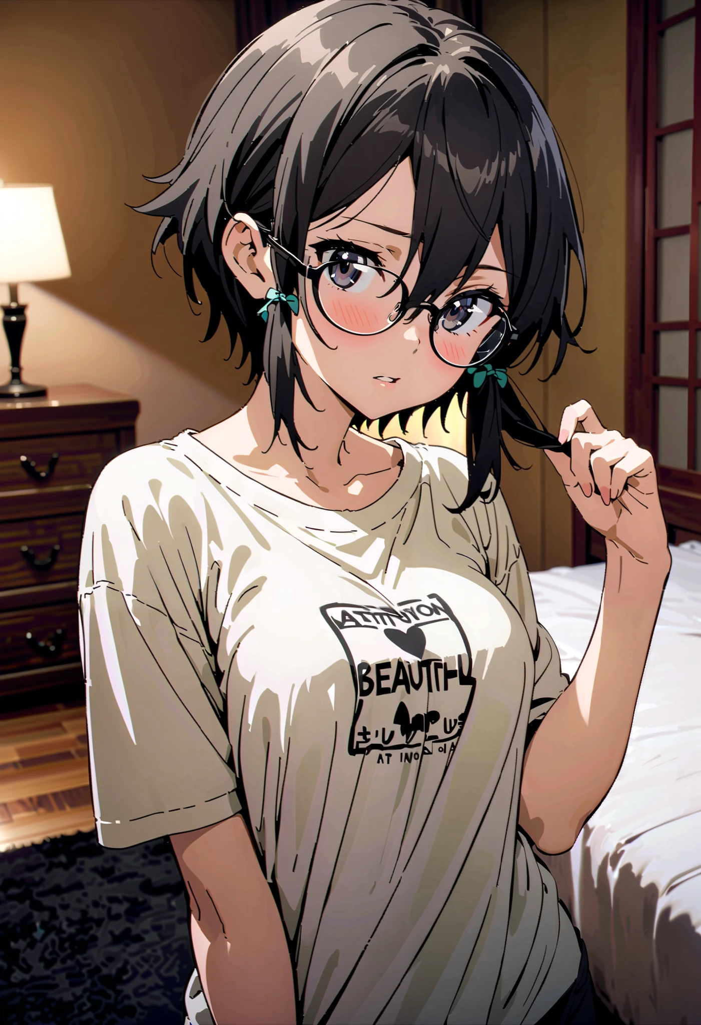 shino asada, 's hair,  short hair ,  Side Lock,Medium breast, black eyes, black hair ,Glasses,  Hair Ribbon ,oversized t-shirt, Long Sleeve,Black string underwear ,blush, beautiful night view with depth,forest, embarrassing, bed during lesbian play,whole bodyがイラストに入るように,
break looking at viewer,whole body,
break indoors,bedroom,
break (masterpiece:1.2),  best quality,  high resolution,  unity 8k 壁紙 , (shape:0.8), ( Attention to Beautiful Details:1.6),  very detailed face,  perfect lighting,  Highly detailed CG, ( perfect hand,  perfect anatomy),,