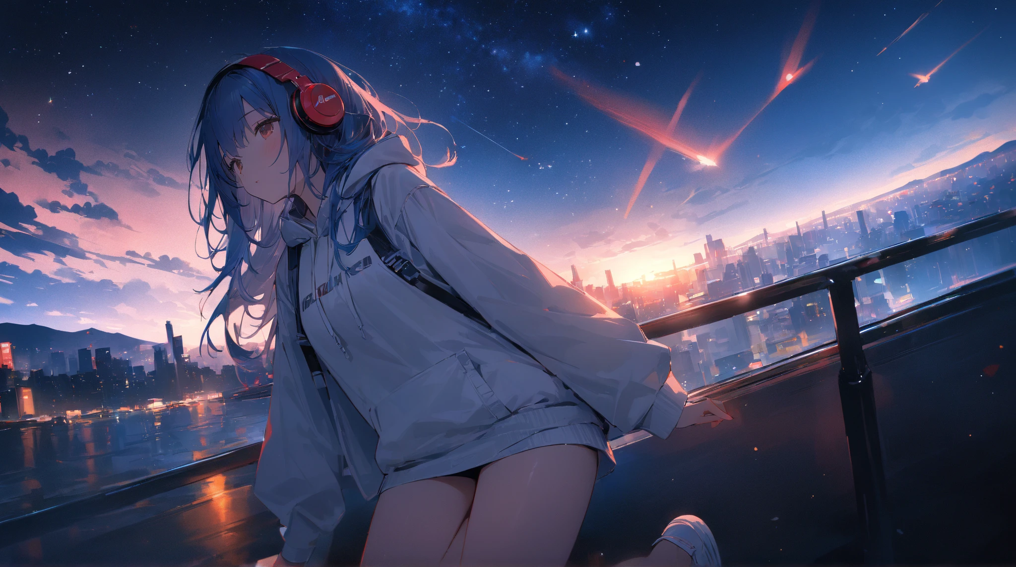 (( amazing absurd falling through the air )),超 high resolution,  attention to detail,  High Quality ,  high resolution, 最 High Quality , 4K, 8k、 1 pretty girl masturbating in public、  blue hair 、 white hoodie 、 red headphones、 night view、Starry Sky 