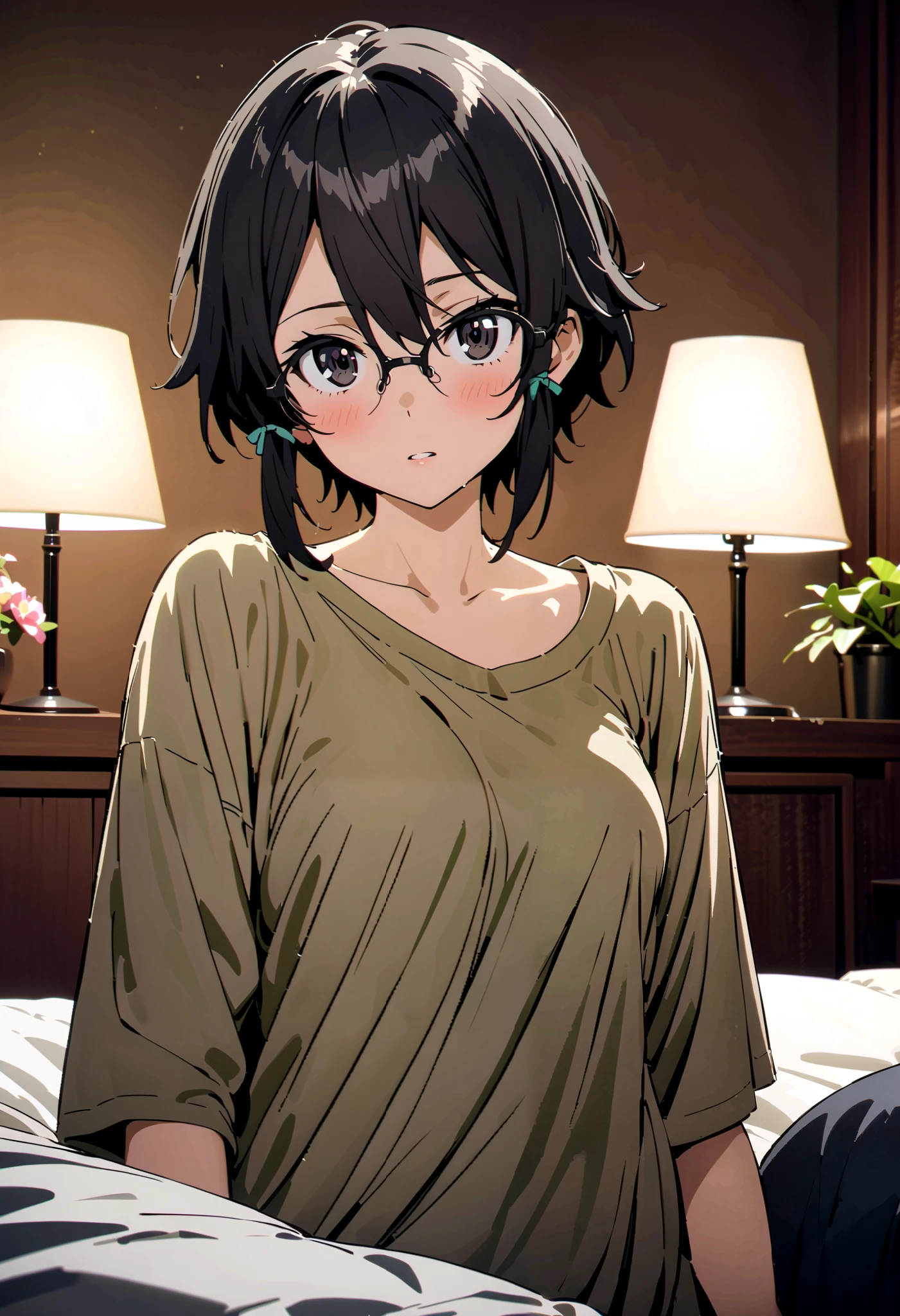 shino asada, 's hair, short hair , Side Lock,Medium breast, black eyes, black hair ,Glasses, Hair Ribbon ,oversized t-shirt, Long Sleeve,Black string underwear ,blush, beautiful night view with depth,forest, embarrassing, bed during lesbian play,whole bodyがイラストに入るように,
break looking at viewer,whole body,
break indoors,bedroom,
break (masterpiece:1.2), best quality, high resolution, unity 8k 壁紙 , (shape:0.8), ( Attention to Beautiful Details:1.6), very detailed face, perfect lighting, Highly detailed CG, ( perfect hand, perfect anatomy),,