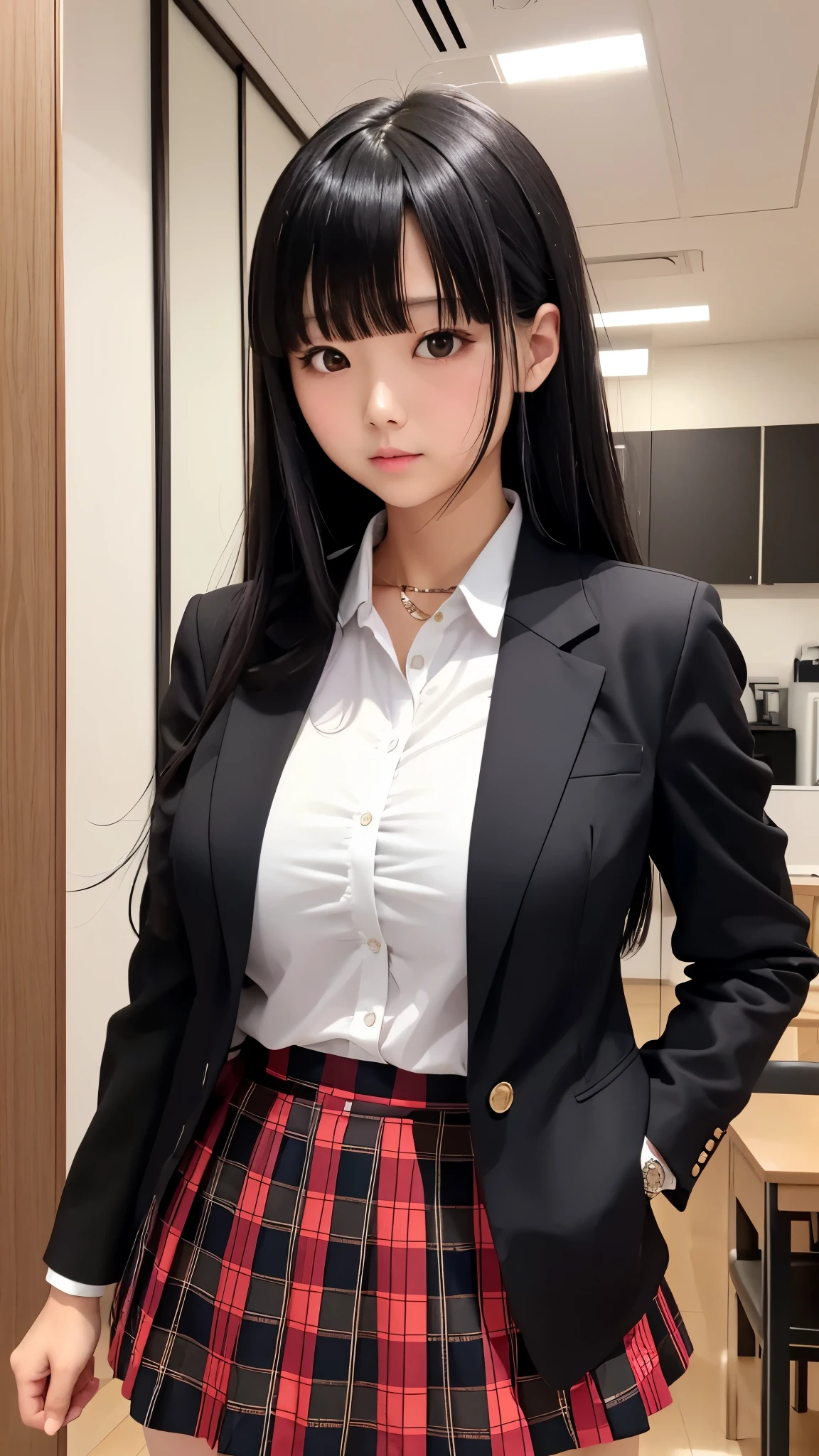 Detailed face、highlight、Asian、girl、thigh、breast enhancement、black髪、Heavy bangs、(blazer、black、red、)(Checked skirt、black、red、white、)