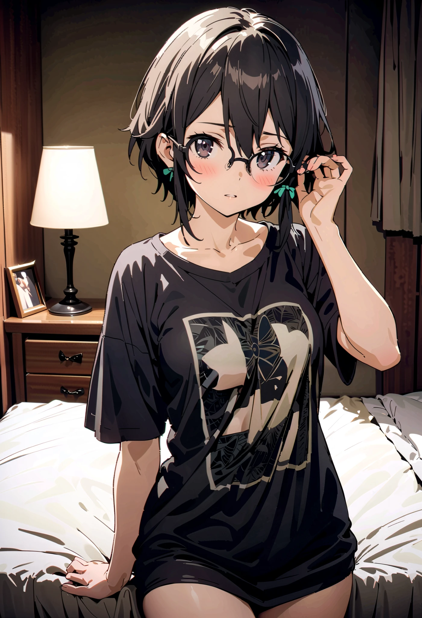 shino asada, 's hair, short hair , Side Lock,Medium breast, black eyes, black hair ,Glasses, Hair Ribbon ,oversized t-shirt, Long Sleeve,Black string underwear ,blush, beautiful night view with depth,forest, embarrassing, bed during lesbian play,whole bodyがイラストに入るように,
break looking at viewer,whole body,
break indoors,bedroom,
break (masterpiece:1.2), best quality, high resolution, unity 8k 壁紙 , (shape:0.8), ( Attention to Beautiful Details:1.6), very detailed face, perfect lighting, Highly detailed CG, ( perfect hand, perfect anatomy),,