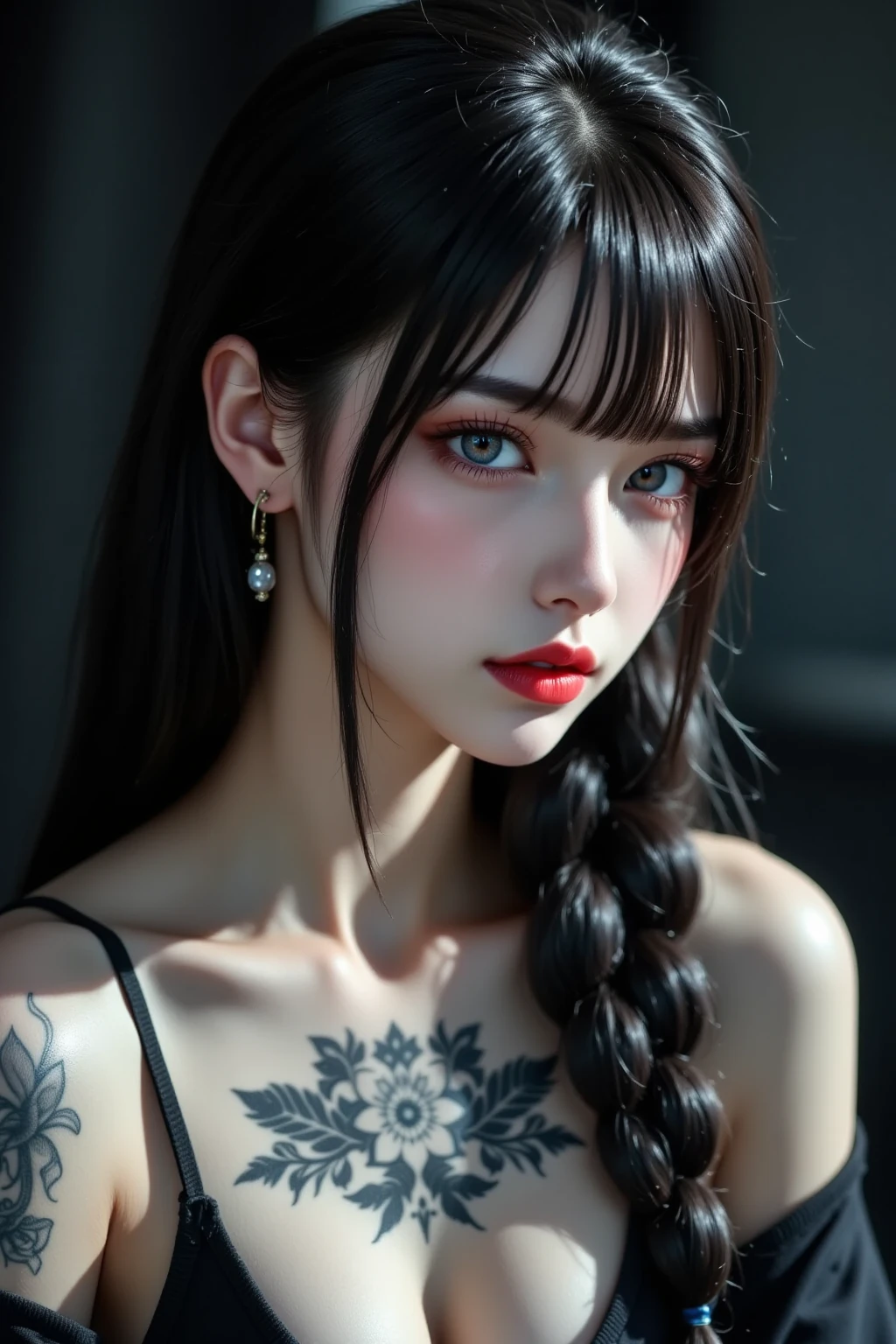  very detailed ,  detailed face, Realistic style photography ,  movie stock photos black shadows ,   rich and colorful ,  surreal , Realistic texture, dramatic lighting,  Alembic 800 Movie  (8k,  original picture, High definition, masterpiece: 1.2),  very detailed , ( very luxurious skin : 1.2), 8K 초High definition, SLR camera, soft light, High quality， Snow Queen , Elf Princess , Ice castle，Attach ， apply red lipstick ，I have a tattoo，Tattoo Goddess ， Very Clear Portrait ，