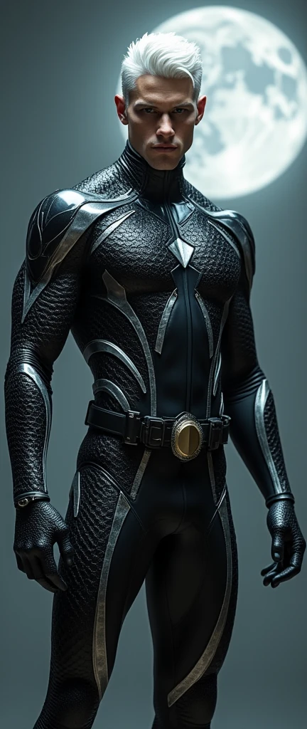 A sleek suit in shades of deep navy and midnight black, with accents resembling shadows and darkness. This Ranger manipulates shadows and darkness, with abilities including teleportation through shadows, cloaking themselves from sight, and launching shadowy projectiles.