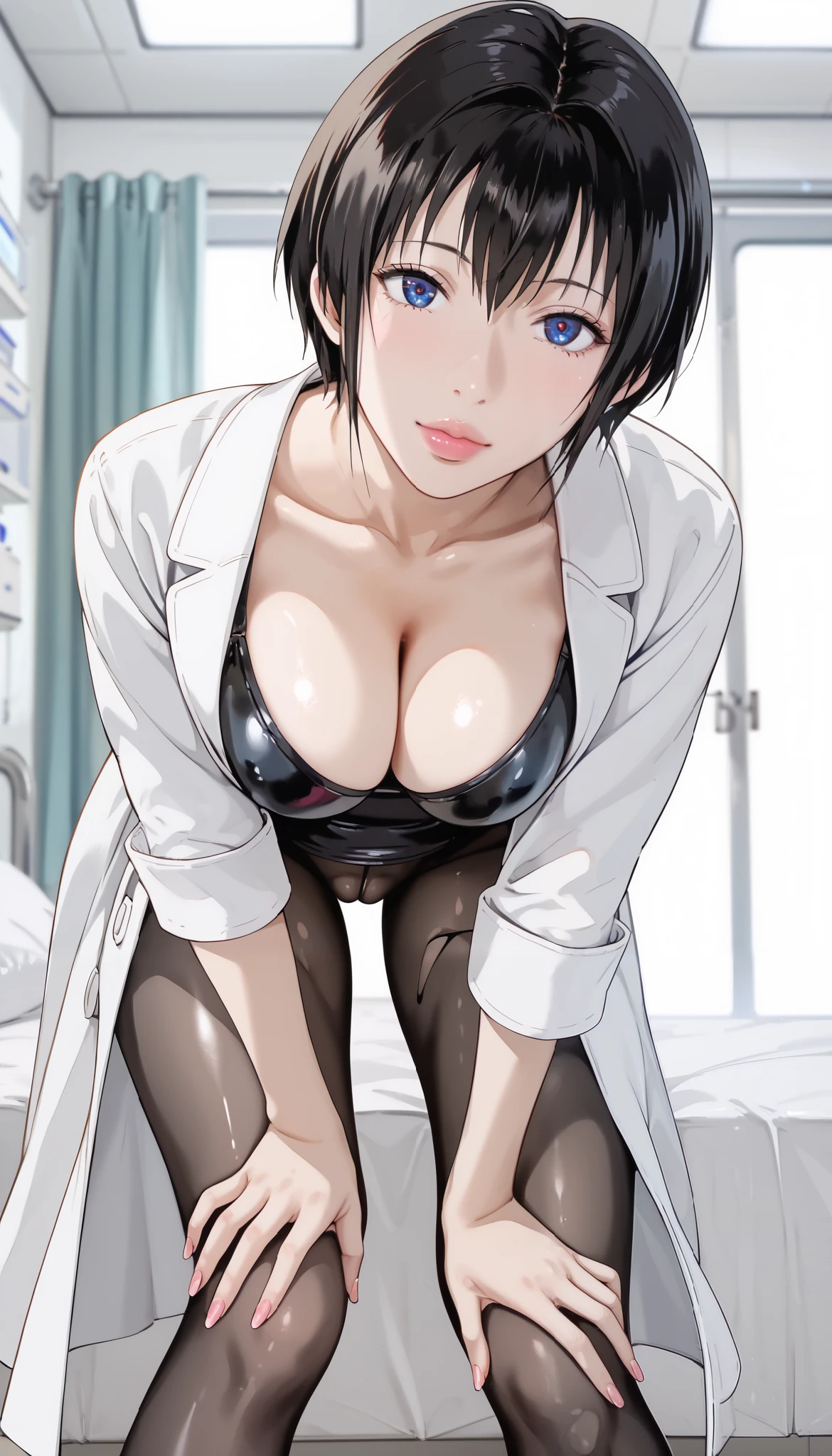 short hair、black hair、(((infirmary)))、(pink lip)、latex body stockings、(((lab coat)))、latex suit、from below、big thighs、thick lips、solo、(pantyhose)、((large hip))、shizuku kaguya、high heels、 hospital room、simple bed、(cleavage)、(Highest quality, masterpiece, Ultra-high resolution)、sitting、open legs、40s woman,(((leaning forward)))、Hands on knee