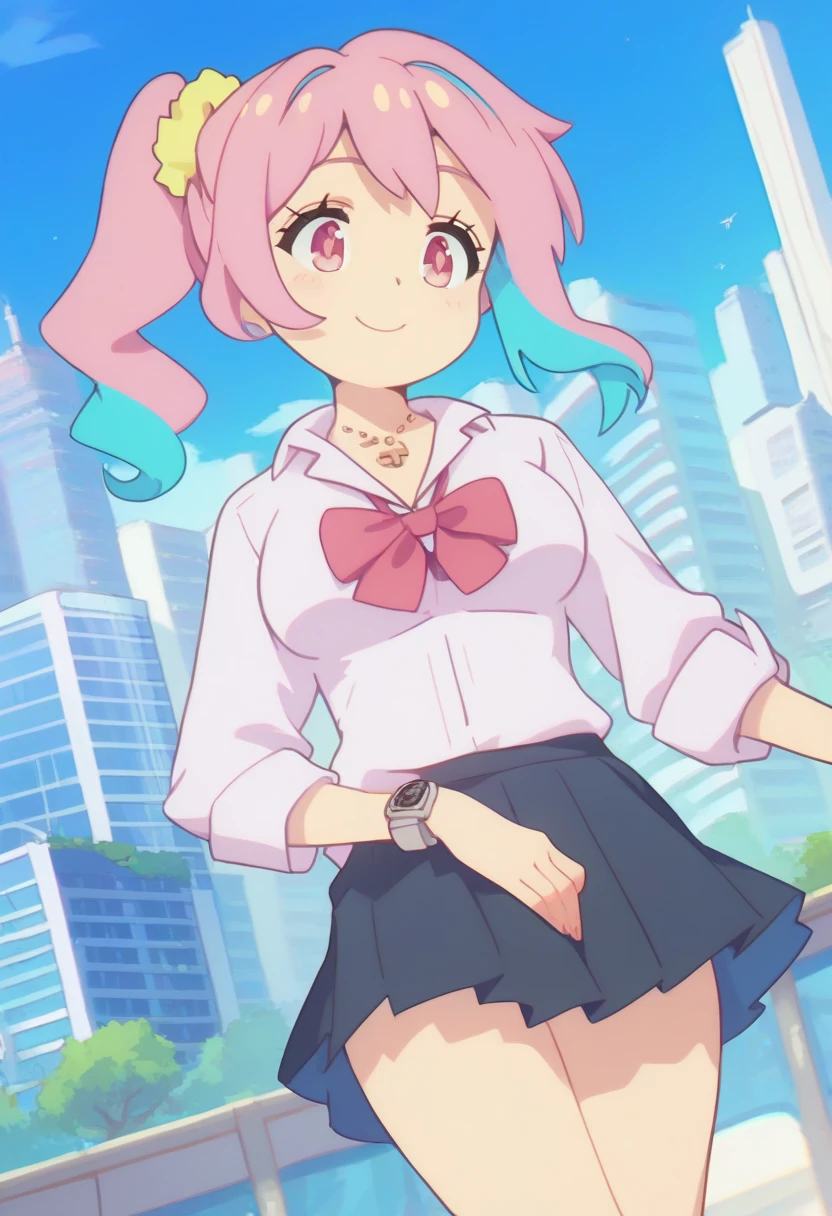 , ((High resolution)),masterpiece, high quality, 最high quality, beautiful, Perfect lighting, Detailed face, Very cute face, ((1 girl)), (), Short pink hair, Orange Eyes, Embarrassed look, ((blush)), Looking at the audience, ((Wavy Hair))、Ahoge、:d、Hands on hips, Standing in the city, Daytime, Dress shirt, mini skirt, (Tight clothing), (Chubby), (Thigh height), (Wide Hips), ((Thick thighs)), Panty shot、Flip-up skirt、Light blue striped panties、Small breasts,Cleavage