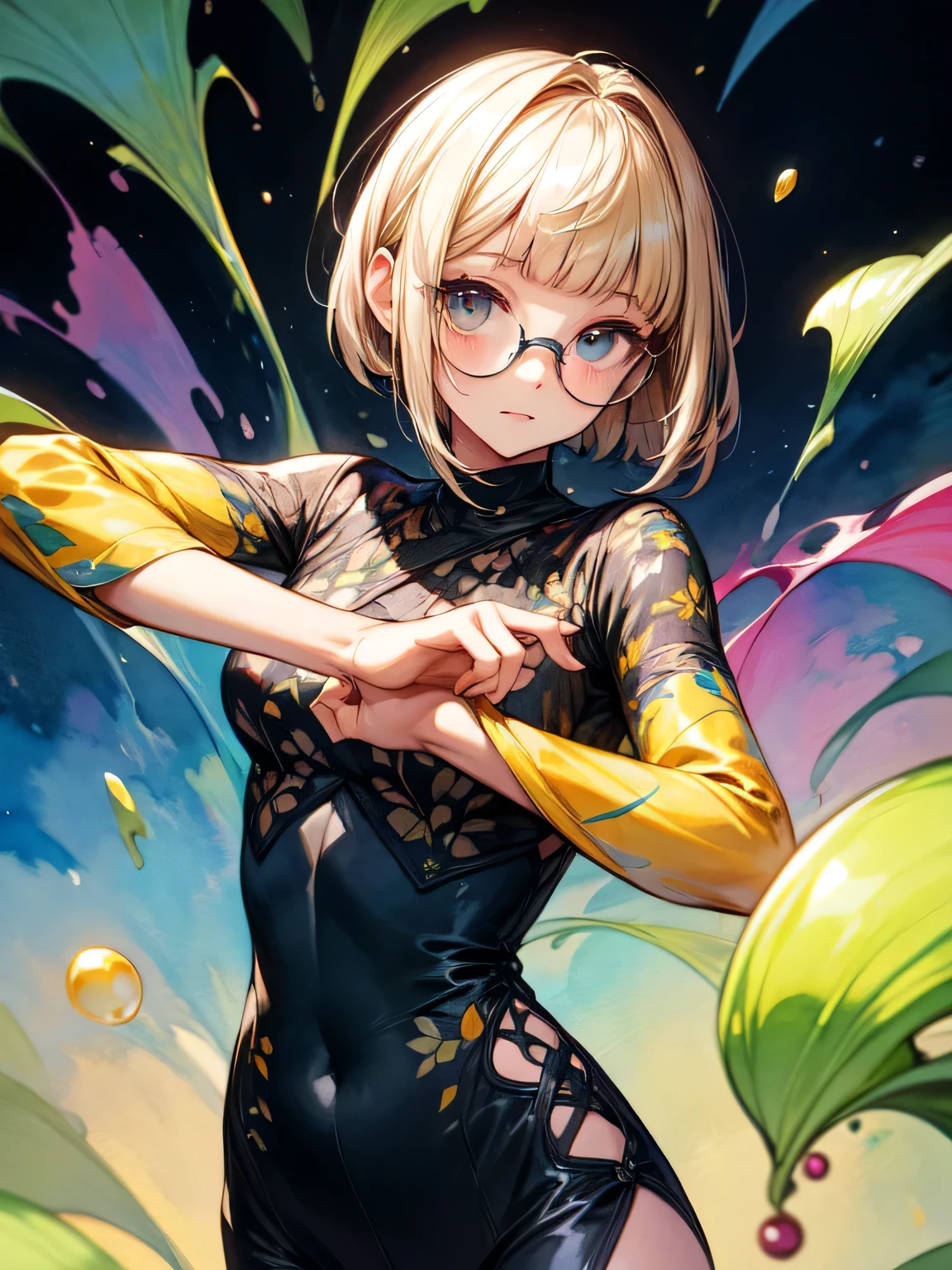 solo,upperbody,blonde short pixie cut,(blunt bangs),glasses,print_legwear, oiled skin, (modeling poses:1.2), best quality, top quality, best quality, like a painting, watercolor painting style, The Art of Mathematics, Official Art, Masterpiece, beautiful, ((watercolor)), paint splashes, complex details. very detailed, [Drooping:0.7],
