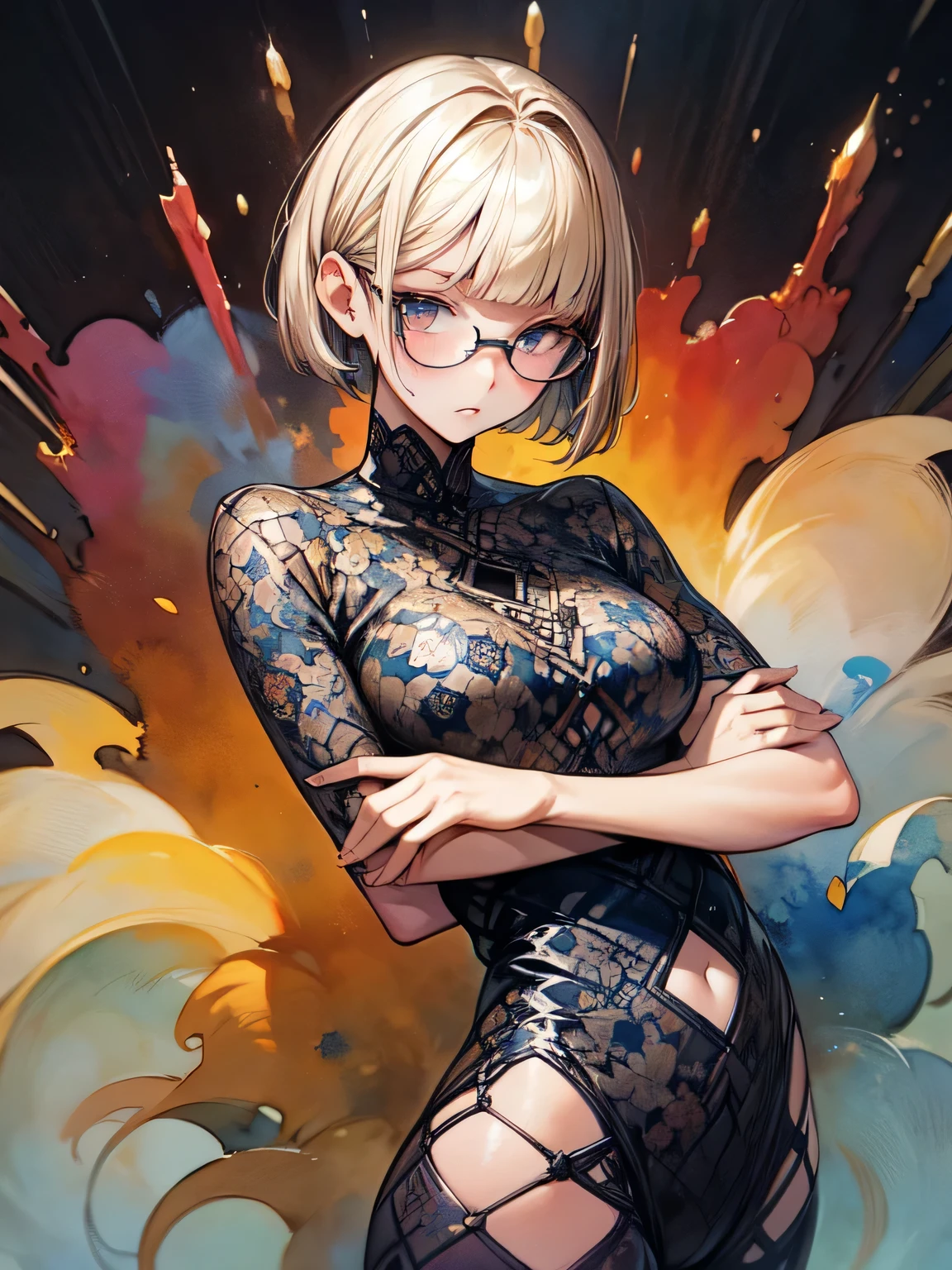 score_9, score_8_above, score_7_above, score_6_above, score_5_above, score_4_above, source of rest_cheered up, 1 girl, Short blonde hair, Thin frame glasses, wearing a short black long-sleeved shirt, long red leggings, his ears are pierced, she wears combat boots Creative design, whole body, reference sheet, character sheet, Tokyo revengers style