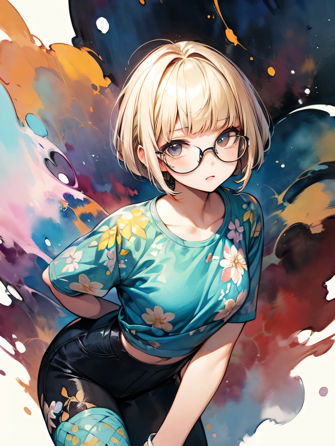 solo,upperbody,blonde short pixie cut,(blunt bangs),glasses,print_legwear, oiled skin, (modeling poses:1.2), best quality, top quality, best quality, like a painting, watercolor painting style, The Art of Mathematics, Official Art, Masterpiece, beautiful, ((watercolor)), paint splashes, complex details. very detailed, [Drooping:0.7],