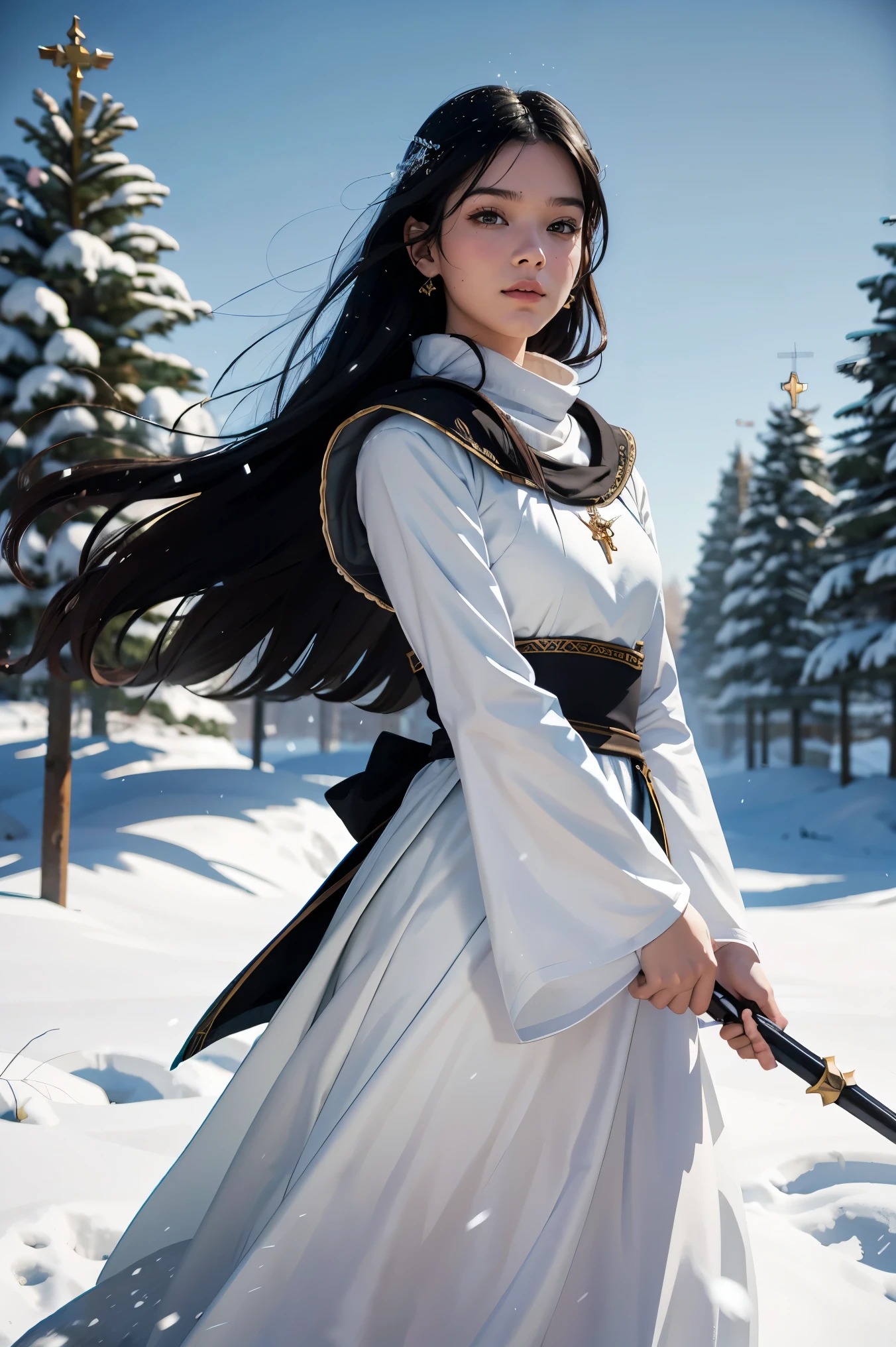 Young woman, Black hair, Wearing black medieval European clothing, Walking in the falling snow, A white spear is in her left hand., There is a large white magic circle., Manga drawing style, realistic 2.5D