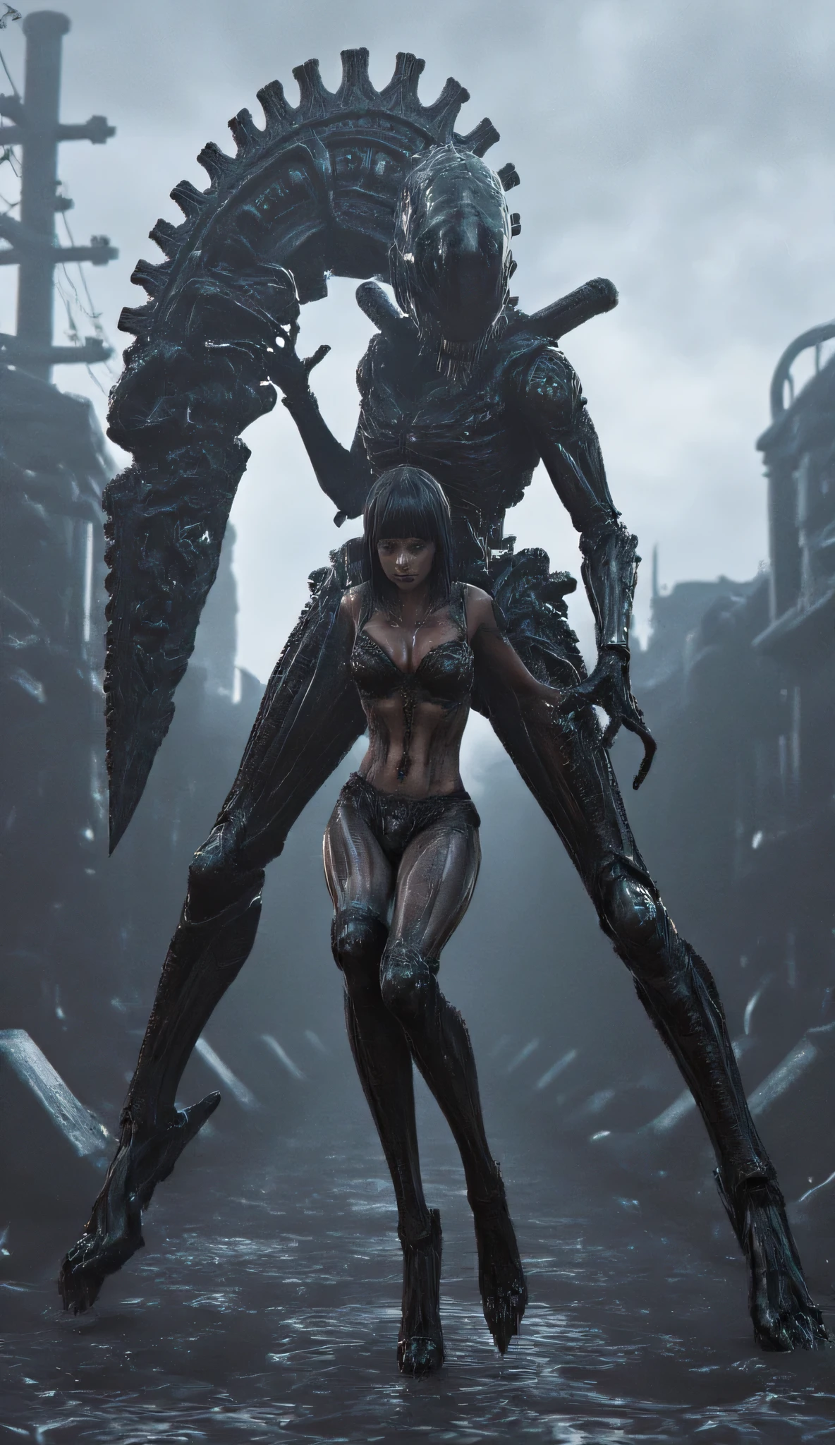 God Eater, a gorgeous Japanese girl in a deep V sheer lace mini dress, stockings, and gorgeous super high heels, standing in a dystopian urban setting, holding a huge, highly detailed mechanical chainsaw-like sword, It's filled with complex mechanical parts, gears and rivets, and is incredibly strong. (((The girl's fragility contrasts sharply with the mechanical chainsaw-like sword))), which adds to its mystery and deterrence. The background is filled with dilapidated buildings and power lines, set against a grey sky, enhancing the desolate and industrial feel of the scene. The overall image exudes a sense of power, danger, and the end of the world. Beautiful face, with super realistic and delicate features. ,Super fine F-GVA mechanical chainsaw sword, the woman raised the weapon and threw it into the air to transform into a huge mechanical Transformers Megatron **Camera movement**: The camera follows the movement of the huge machine and captures the destruction process in real time.