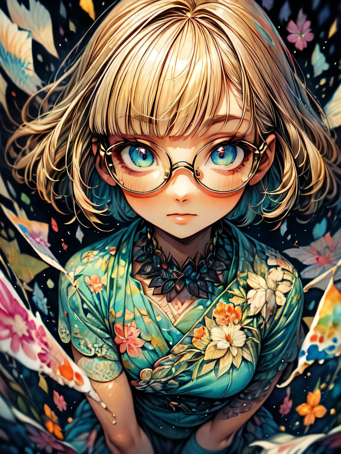 solo,upperbody,blonde short pixie cut,(blunt bangs),glasses,print_legwear, oiled skin, (modeling poses:1.2), best quality, top quality, best quality, like a painting, watercolor painting style, The Art of Mathematics, Official Art, Masterpiece, beautiful, ((watercolor)), paint splashes, complex details. very detailed, [Drooping:0.7],