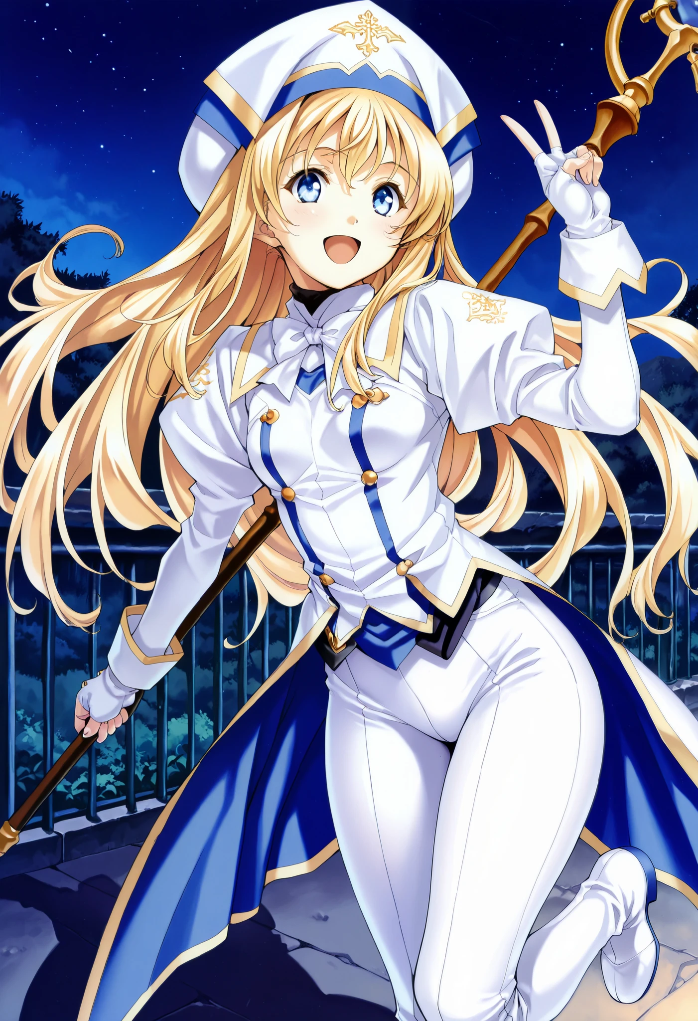 absurd, (absurd_resolution), masterpiece, best quality, (best illustration), (best shadow), ultra-High resolution, score_9, score_8_up, score_7_up, BREAK source_anime, 1girl, solo, perfect body, shiny skin, perfect eyes, detail1eye, anime style, outdoor, night, (Priestess), long hair, blue eyes, blonde hair, open mouth, holding, staff, white headwear, holding staff, very long hair, small breasts, smile, yellow tailcoat, coattails, v, white bowtie, white ribbon, fingerless gloves, white gloves, white pants, tight pants, boots, thick thighs,