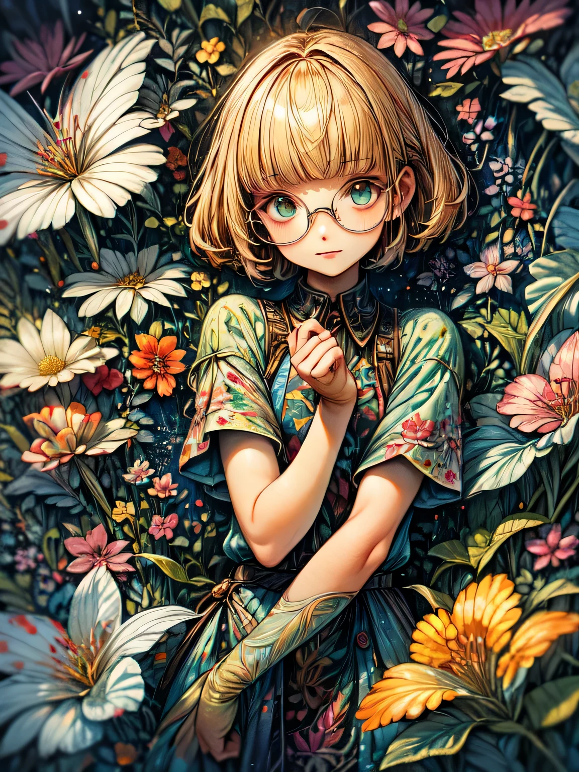 solo,upperbody,blonde short pixie cut,(blunt bangs),glasses,print_legwear, oiled skin, (modeling poses:1.2), best quality, top quality, best quality, like a painting, watercolor painting style, The Art of Mathematics, Official Art, Masterpiece, beautiful, ((watercolor)), paint splashes, complex details. very detailed, [Drooping:0.7],