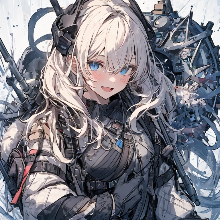 solo, female, sfw, medium shot, huge woman, extremely tall woman, light blue eyes, platinum blonde hair, extremely pale, long hair hair, Antarctic uniform, orange thermic clothes, broad shoulders, artic, close up, looking at viewer, futuristic, head-mounted display, bulky clothes, snow, facility in the background, oil rig, gentle smile, futuristic hunting rifle, holding rifle