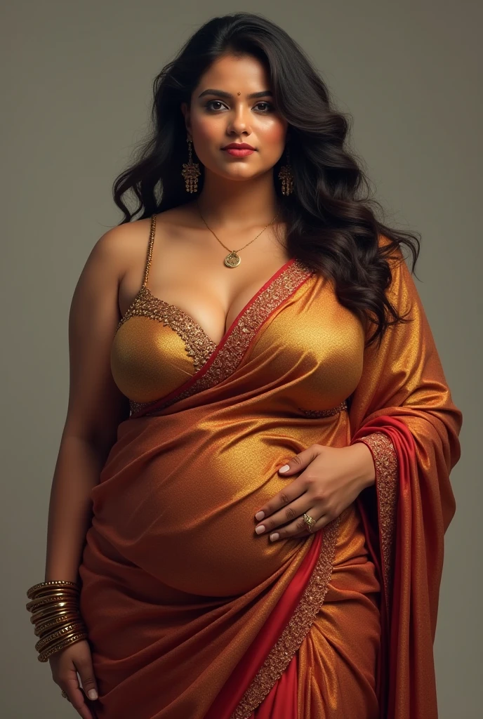 face mix of Salman khan and Shahrukh Khan, as a 25 years old Russian woman and 9 months pregnant woman, wearing saree, wearing bridal saree, cleavage , big breast, plus size model, beautiful face, long black hair, confident princess look from Kamasutra,  sexy curve, sexy look, sexy dress,full body picture 