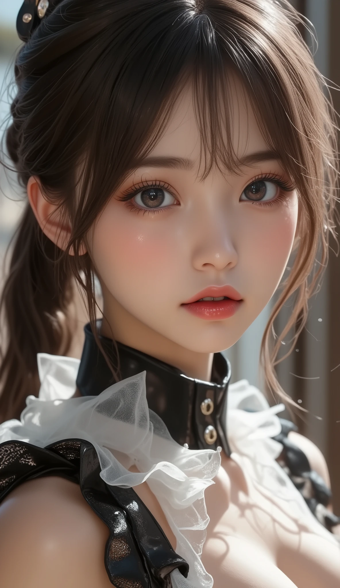 A close up of a woman with a black dress and a collar - SeaArt AI