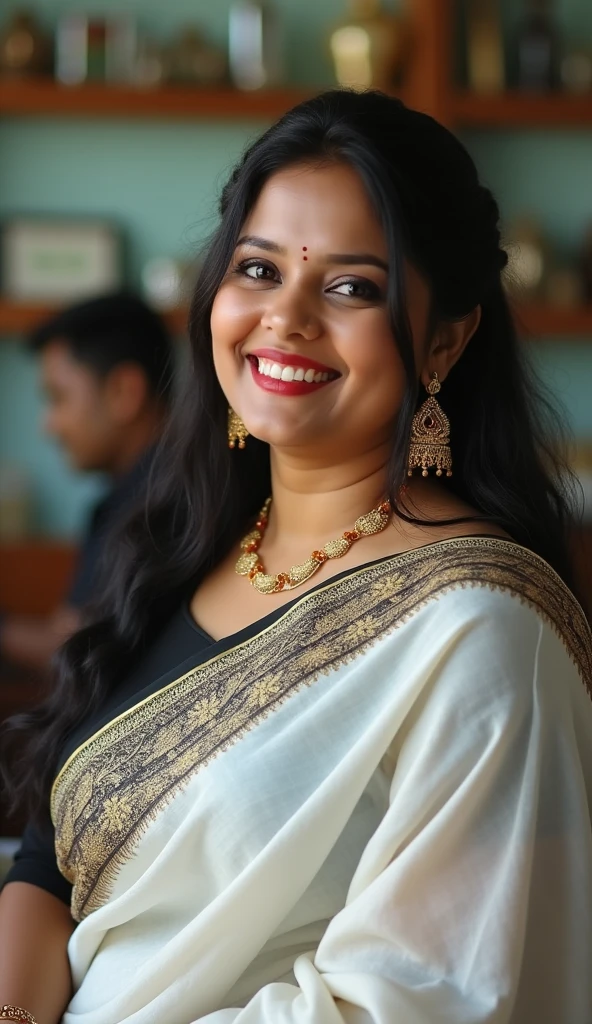 An indian female model of 25yo in a yellow sari poses for a picture, inspired by rajesh soni, inspired by Saurabh Jethani, with beautiful colors, inspired by Raja Ravi Varma, acrylic art, * colour splash *, with a beautifull smile, promo image, portrait photo of a backdrop, painting of beautiful, an aesthetic!, assamese aesthetic, fanart, big breast