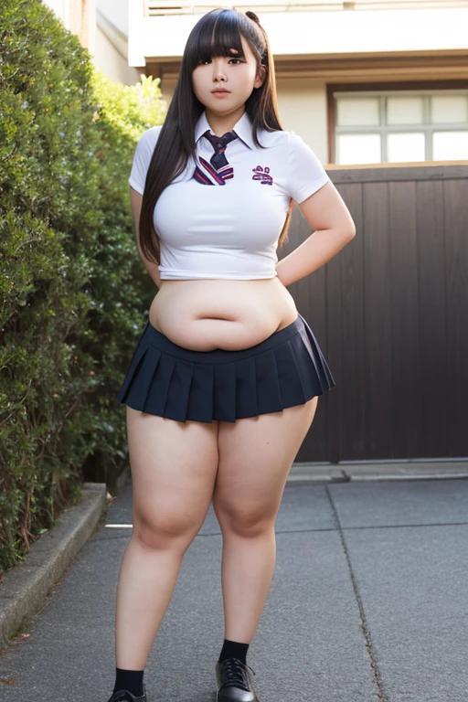 best quality, masterpiece, Weight 120 kg, extreme obesity, severe abdominal obesity, severe visceral obesity, Belly fat is prominent, severe abdominal obesity, mini skirt, high heel, ssbbw, fat body type