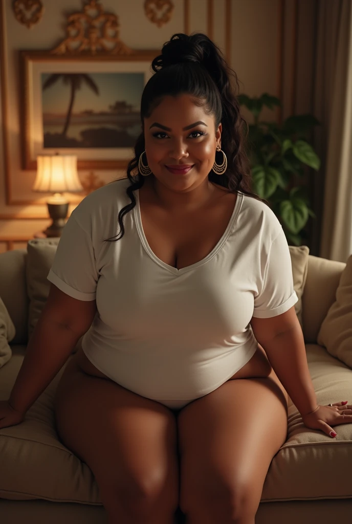 Chubby fat bbw nerdy latina young woman (20 years old), chubby belly, long straight black hair, wearing sexy black dress, Golden necklace,man hugging from behind, ((french kissing)), sitting in dark room sofa,with several tall men, 4 men, in nigth club, dark lights, smiley expression