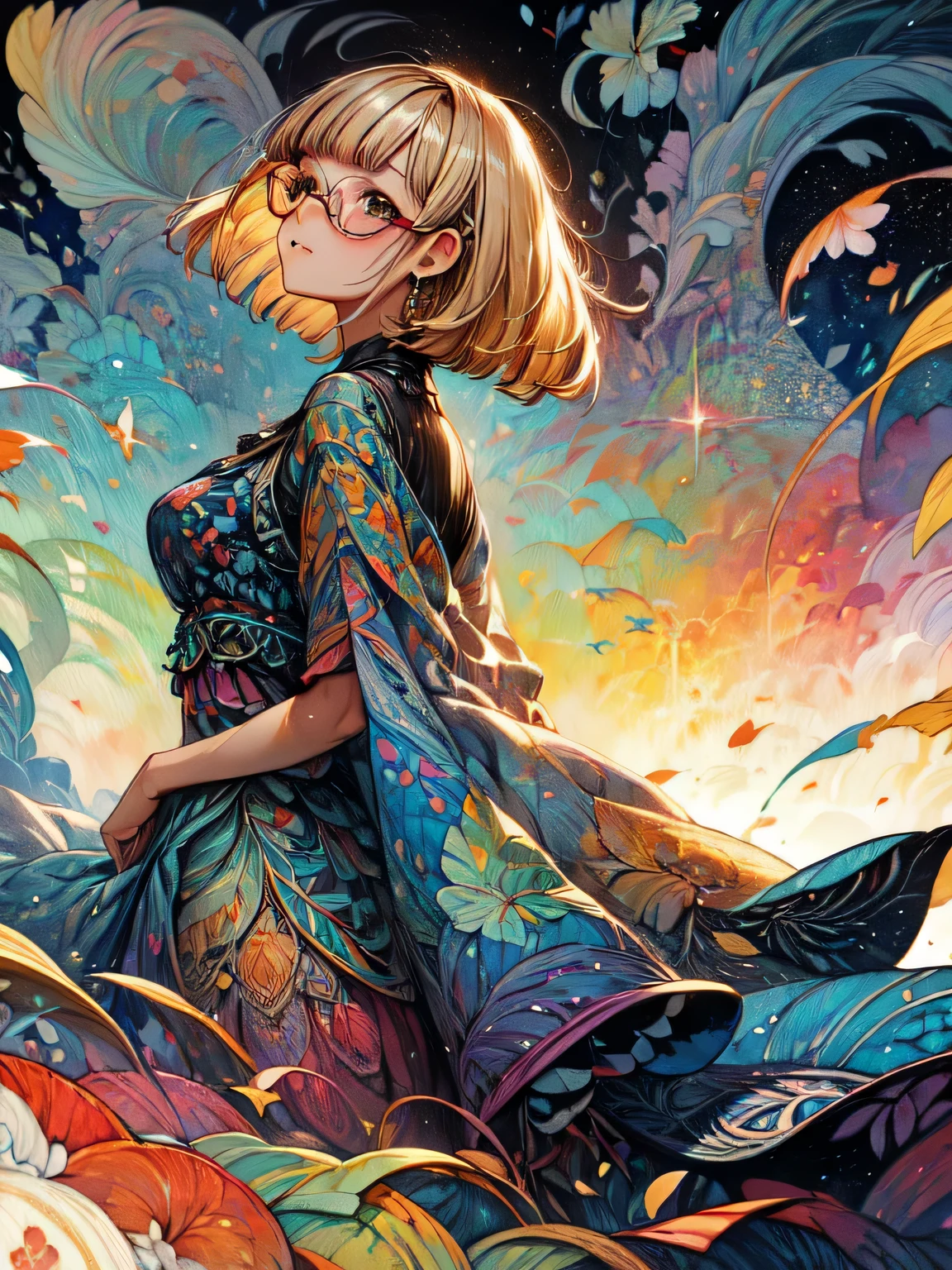 (sideview),solo,upperbody,blonde short pixie cut,(blunt bangs),glasses,print_legwear, oiled skin, (modeling poses:1.2), best quality, top quality, best quality, like a painting, watercolor painting style, The Art of Mathematics, Official Art, Masterpiece, beautiful, ((watercolor)), paint splashes, complex details. very detailed, [Drooping:0.7],