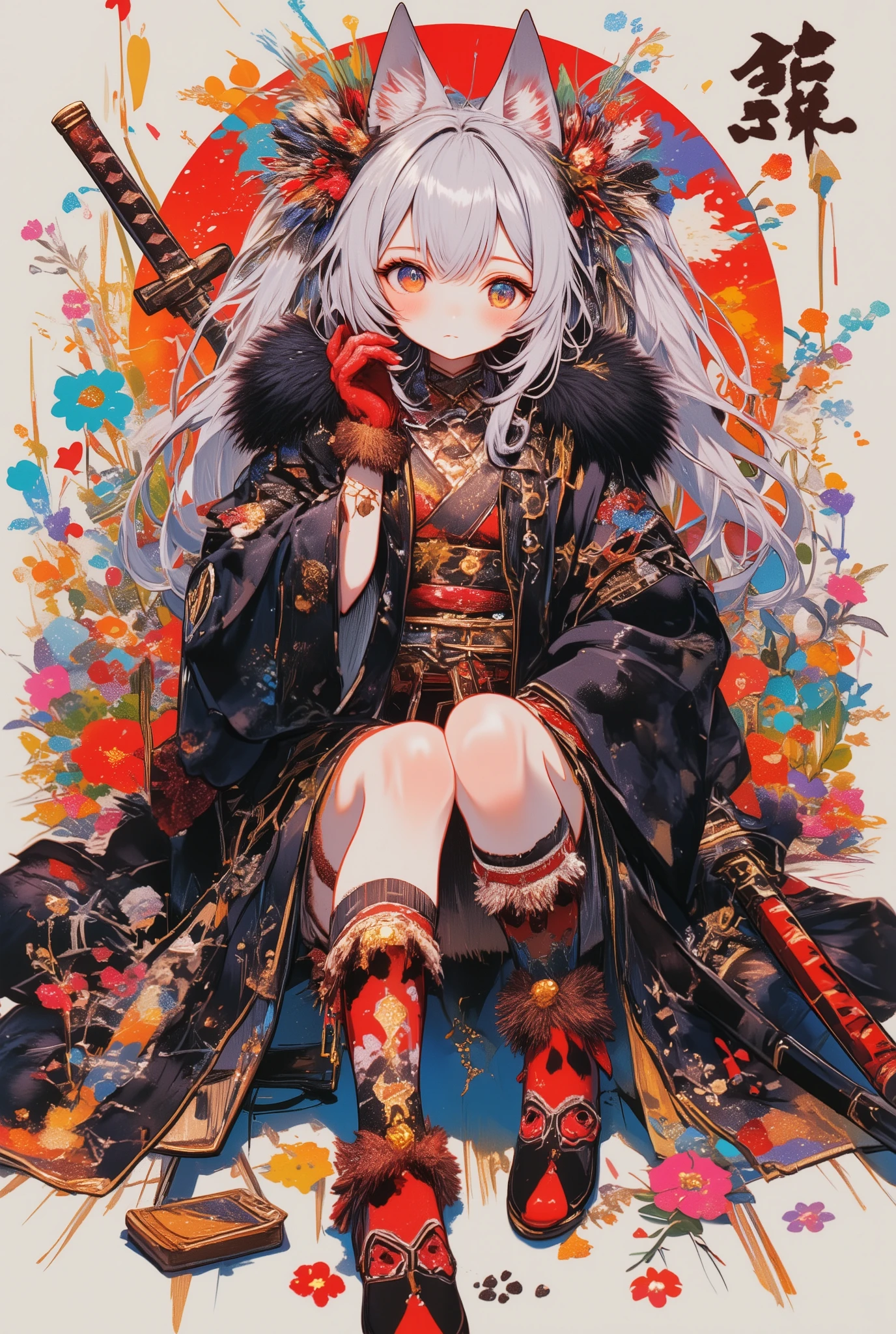 best quality, masterpiece, cinematic lighting, intricate, simple background, detailed face, full body, (outline:1.2), (popart:1.3), lineart, 

1girl, sitting, (samurai:1.2), skistyle,

 <lora:aoi_14:1>