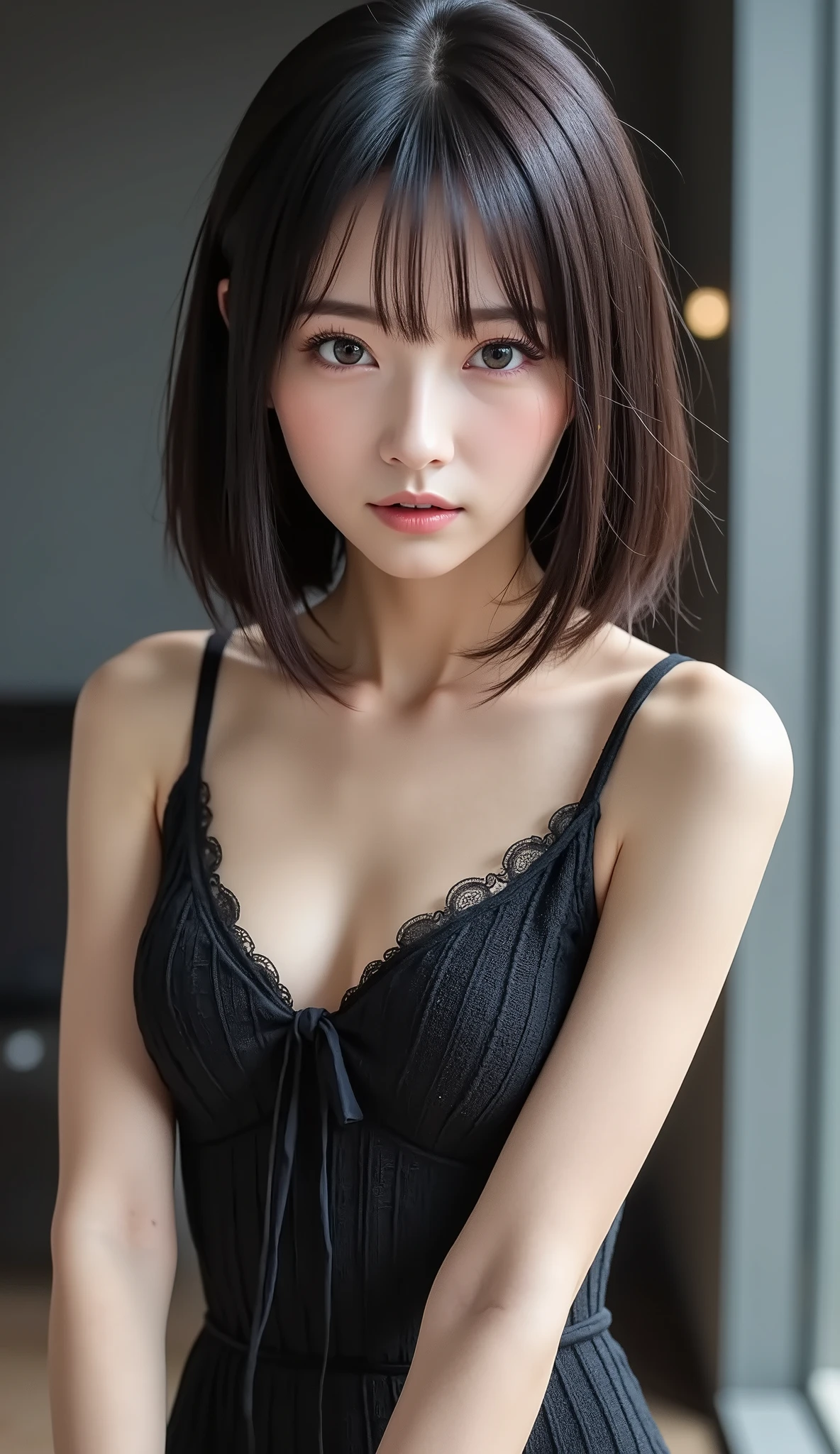 ((of the highest quality, 8K, masutepiece: 1.3, Raw photo)), Sharp Focus: 1.2, (1 AESPA Girl :1.1), Solo, (Realistic, Photorealistic: 1.37), (Face Focus: 1.1), Cute face, hyperdetailed face, brunette short messy hair, small breasts, flat chest, thigh, full nude, (taking off the black chiffon bra: 1.3), squatting, classroom, flower, lily