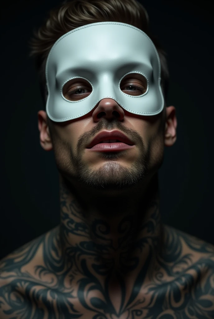 Create a completely naked guy with his face covered by bandages with straight and muscular black hair with tattoos on his chest lying down and sweaty