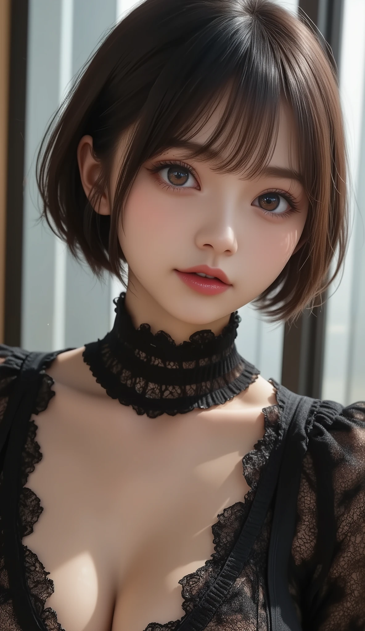 Masterpiece hyperrealist & Photorealistic beautiful girl, Realistic Skin (Pore-filled skin) Short Bob Cut Hair, Realistic red lips,Punk Girl, (head shot:1.5),Shorts