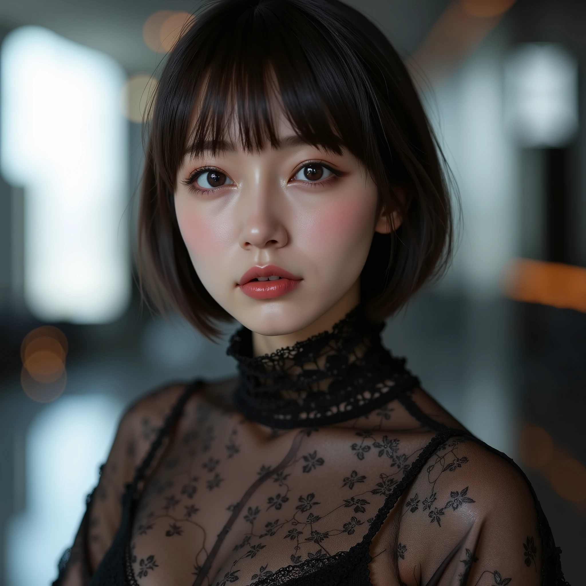 (Ultra-realistic), (figure), (High resolution), (8k), (Very detailed), (Best figure), (Beautiful and detailed), (Highest quality), (Super detailed), (masterpiece), (wallpaper), (Detailed face), alone, One Girl, watching viewer, Trendy clothes，Less exposure、Fine details, Detailed face, In the Dark, Deep Shadow, Modest, Pure Erotic Face Ace_v1, cool, short hair, Pointed diagonal bangs，Aoyama Street