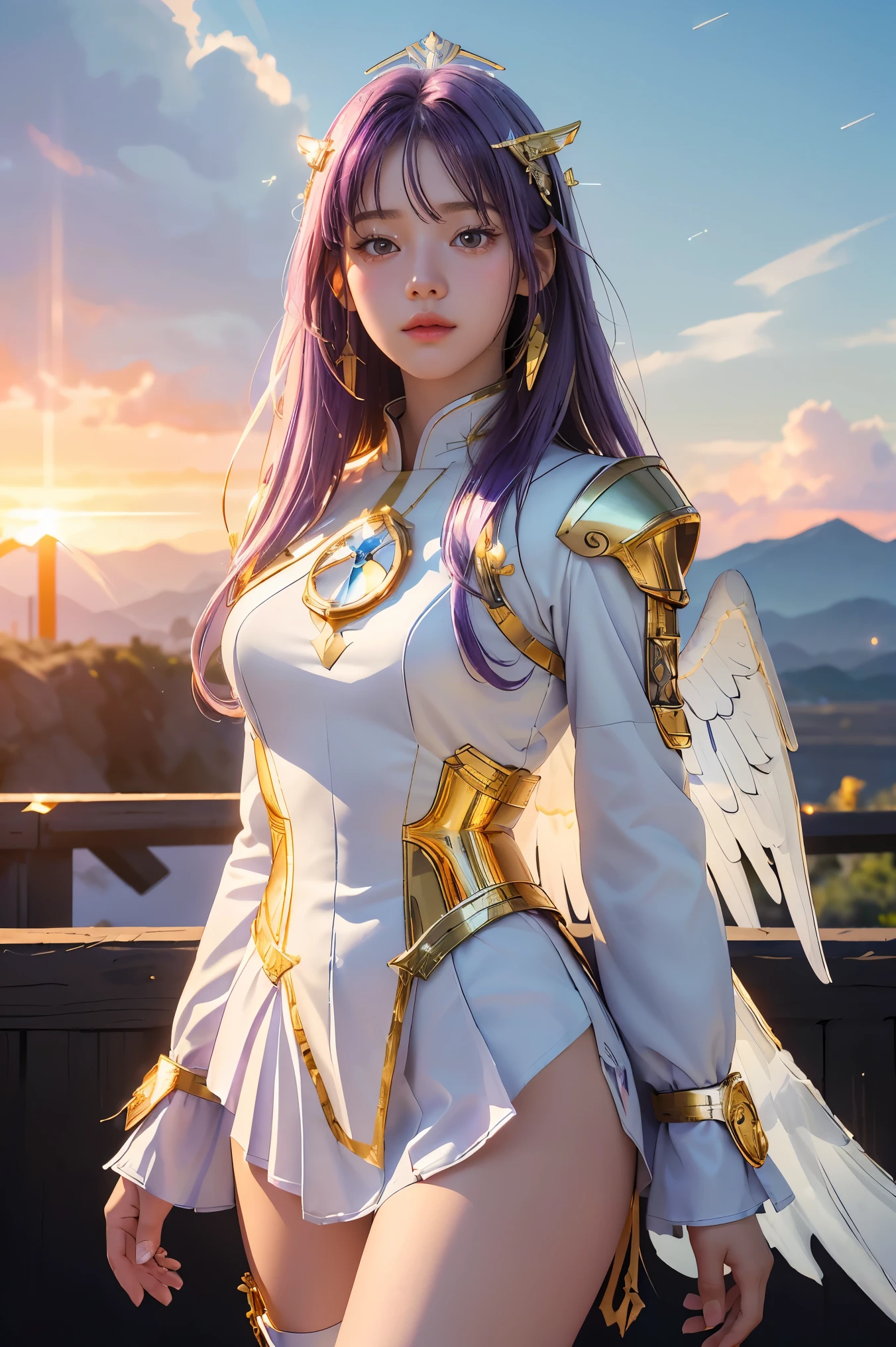 ((masterpiece, best quality, extremely detailed), volumetric lighting, ambient occlusion, colorful, glowing), 1girl, solo, young girl, (purple hair), long hair, halo, aura, sacred, goddess, cleric suit, (white outfit with gold detailst:1.3), angel wings, outdoors, sunset, sky, clouds, space, (fantasy theme:1.2),