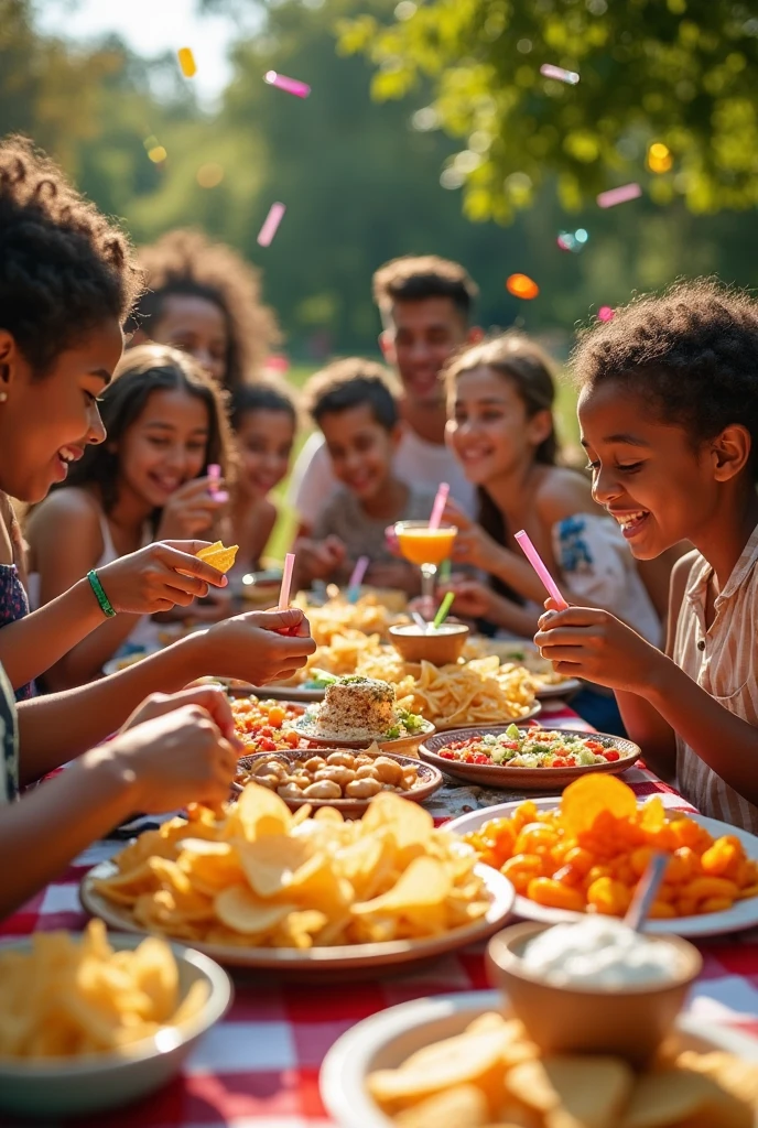 A party of children (ages 5 to 8, varied sex, varied race), back yard, running around and playing having fun table with food and birthday decorations off to one side, scene of happiness